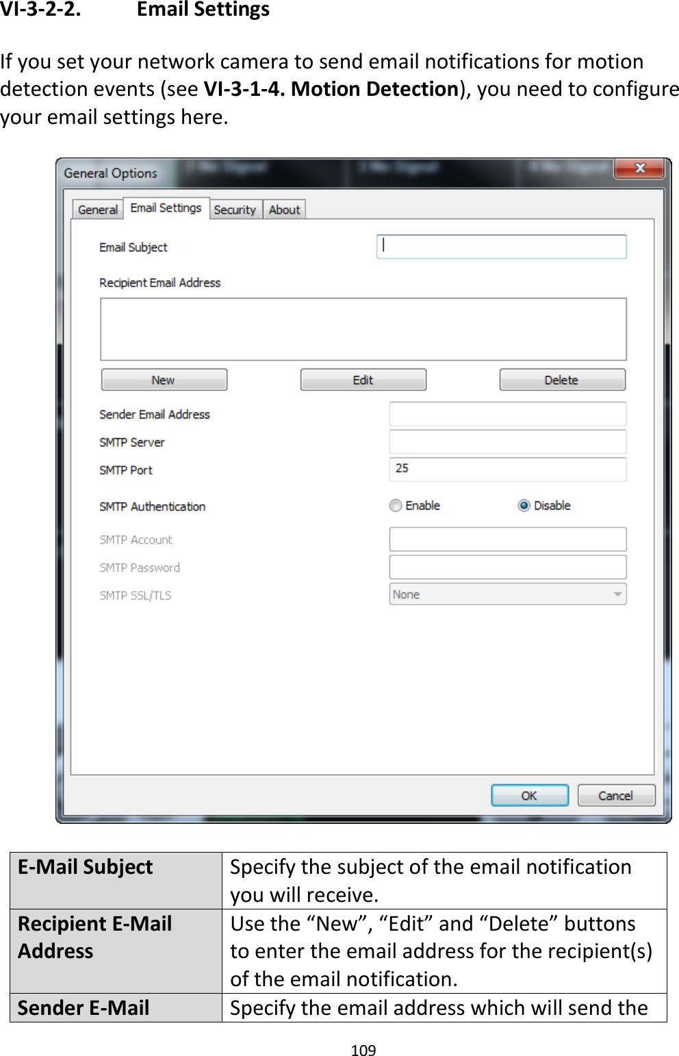 109  VI-3-2-2.    Email Settings  If you set your network camera to send email notifications for motion detection events (see VI-3-1-4. Motion Detection), you need to configure your email settings here.     E-Mail Subject Specify the subject of the email notification you will receive. Recipient E-Mail Address Use the “New”, “Edit” and “Delete” buttons to enter the email address for the recipient(s) of the email notification. Sender E-Mail Specify the email address which will send the 