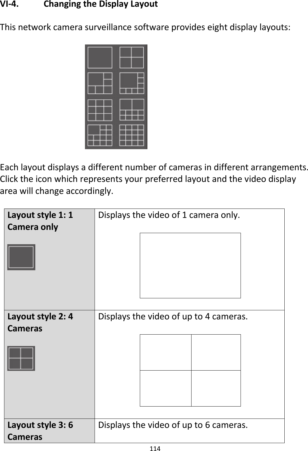 114  VI-4.    Changing the Display Layout  This network camera surveillance software provides eight display layouts:    Each layout displays a different number of cameras in different arrangements. Click the icon which represents your preferred layout and the video display area will change accordingly.  Layout style 1: 1 Camera only   Displays the video of 1 camera only.       Layout style 2: 4 Cameras   Displays the video of up to 4 cameras.             Layout style 3: 6 Cameras Displays the video of up to 6 cameras.  