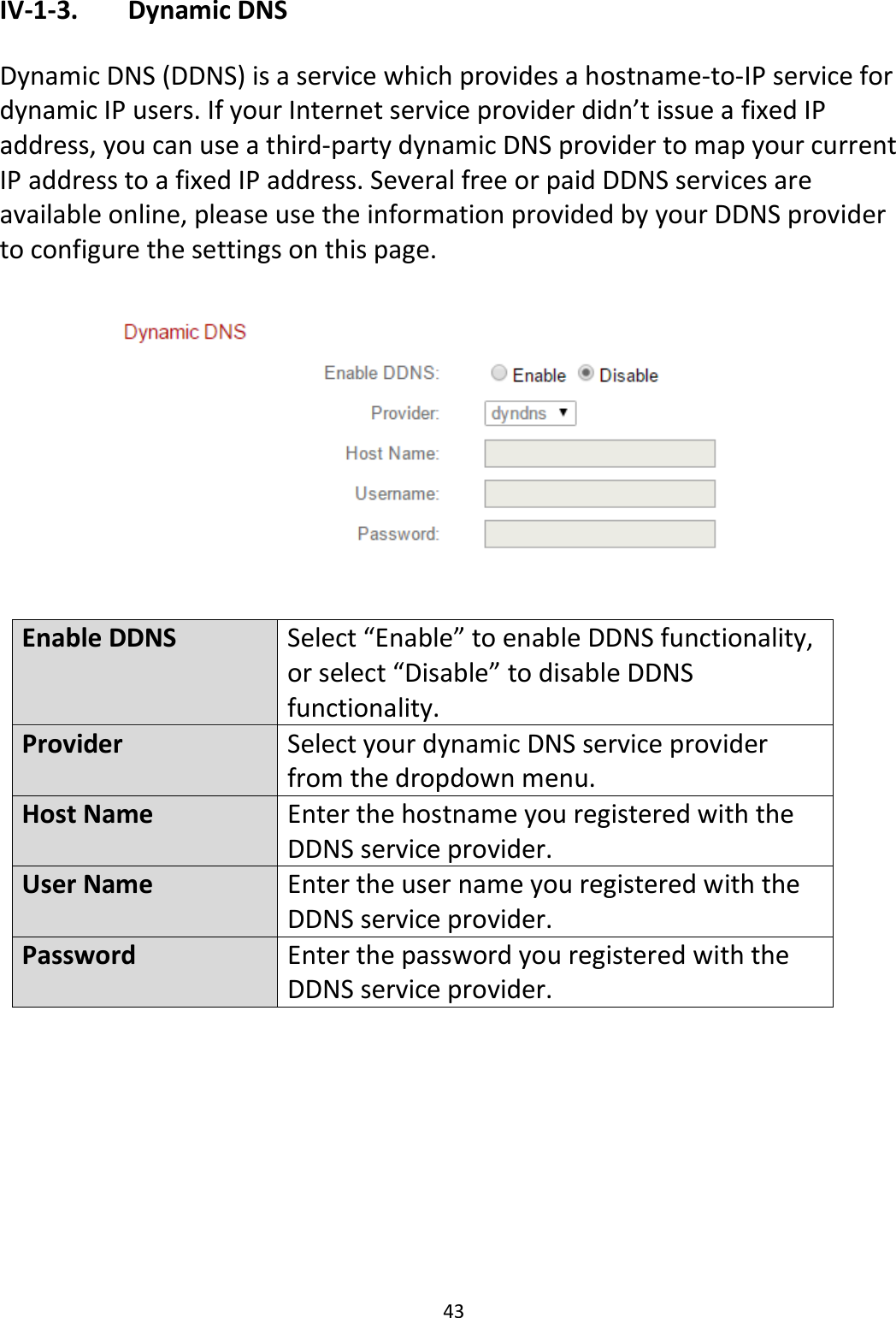 43  IV-1-3.   Dynamic DNS  Dynamic DNS (DDNS) is a service which provides a hostname-to-IP service for dynamic IP users. If your Internet service provider didn’t issue a fixed IP address, you can use a third-party dynamic DNS provider to map your current IP address to a fixed IP address. Several free or paid DDNS services are available online, please use the information provided by your DDNS provider to configure the settings on this page.    Enable DDNS Select “Enable” to enable DDNS functionality, or select “Disable” to disable DDNS functionality. Provider Select your dynamic DNS service provider from the dropdown menu.  Host Name Enter the hostname you registered with the DDNS service provider. User Name Enter the user name you registered with the DDNS service provider. Password Enter the password you registered with the DDNS service provider.   