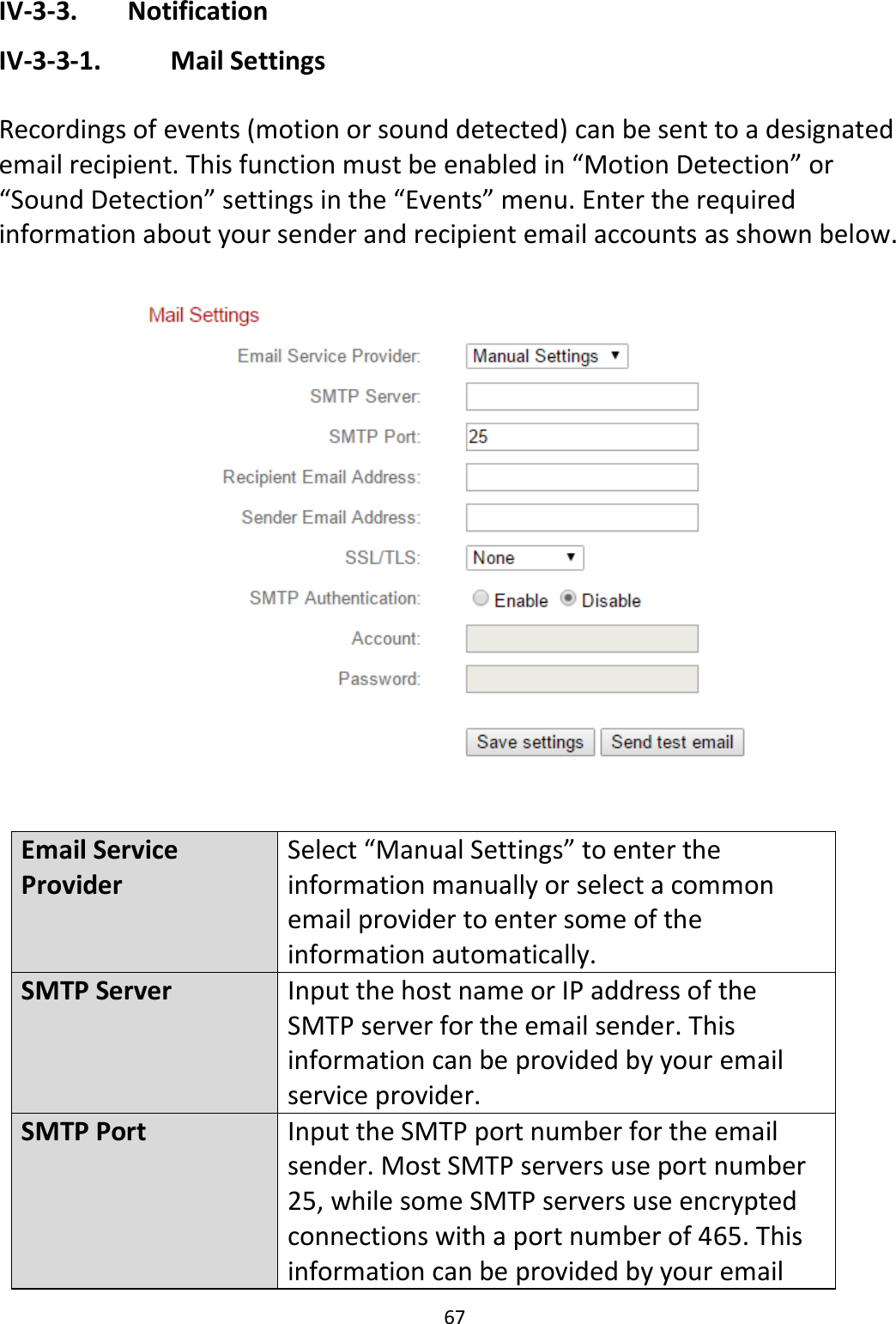 67  IV-3-3.   Notification IV-3-3-1.    Mail Settings  Recordings of events (motion or sound detected) can be sent to a designated email recipient. This function must be enabled in “Motion Detection” or “Sound Detection” settings in the “Events” menu. Enter the required information about your sender and recipient email accounts as shown below.    Email Service Provider Select “Manual Settings” to enter the information manually or select a common email provider to enter some of the information automatically. SMTP Server Input the host name or IP address of the SMTP server for the email sender. This information can be provided by your email service provider. SMTP Port Input the SMTP port number for the email sender. Most SMTP servers use port number 25, while some SMTP servers use encrypted connections with a port number of 465. This information can be provided by your email 