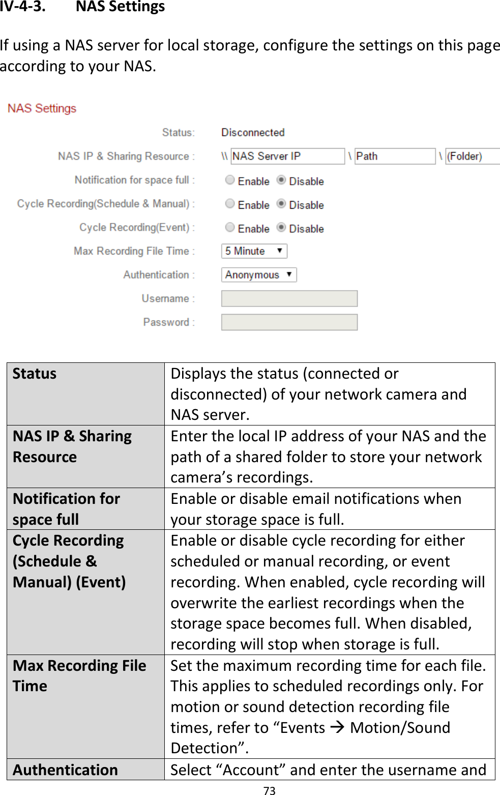 73  IV-4-3.   NAS Settings  If using a NAS server for local storage, configure the settings on this page according to your NAS.    Status Displays the status (connected or disconnected) of your network camera and NAS server. NAS IP &amp; Sharing Resource Enter the local IP address of your NAS and the path of a shared folder to store your network camera’s recordings. Notification for space full Enable or disable email notifications when your storage space is full. Cycle Recording (Schedule &amp; Manual) (Event) Enable or disable cycle recording for either scheduled or manual recording, or event recording. When enabled, cycle recording will overwrite the earliest recordings when the storage space becomes full. When disabled, recording will stop when storage is full. Max Recording File Time Set the maximum recording time for each file. This applies to scheduled recordings only. For motion or sound detection recording file times, refer to “Events  Motion/Sound Detection”.  Authentication Select “Account” and enter the username and 