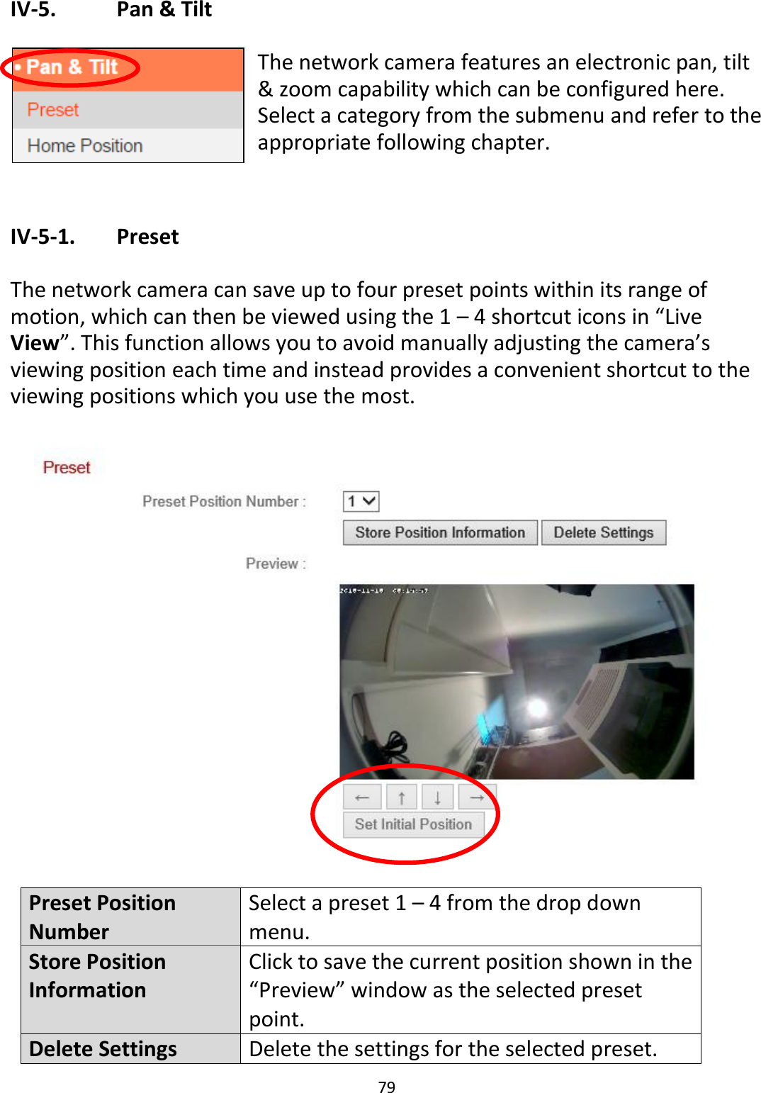 79  IV-5.    Pan &amp; Tilt  The network camera features an electronic pan, tilt &amp; zoom capability which can be configured here. Select a category from the submenu and refer to the appropriate following chapter.   IV-5-1.   Preset  The network camera can save up to four preset points within its range of motion, which can then be viewed using the 1 – 4 shortcut icons in “Live View”. This function allows you to avoid manually adjusting the camera’s viewing position each time and instead provides a convenient shortcut to the viewing positions which you use the most.      Preset Position Number Select a preset 1 – 4 from the drop down menu. Store Position Information Click to save the current position shown in the “Preview” window as the selected preset point. Delete Settings Delete the settings for the selected preset. 