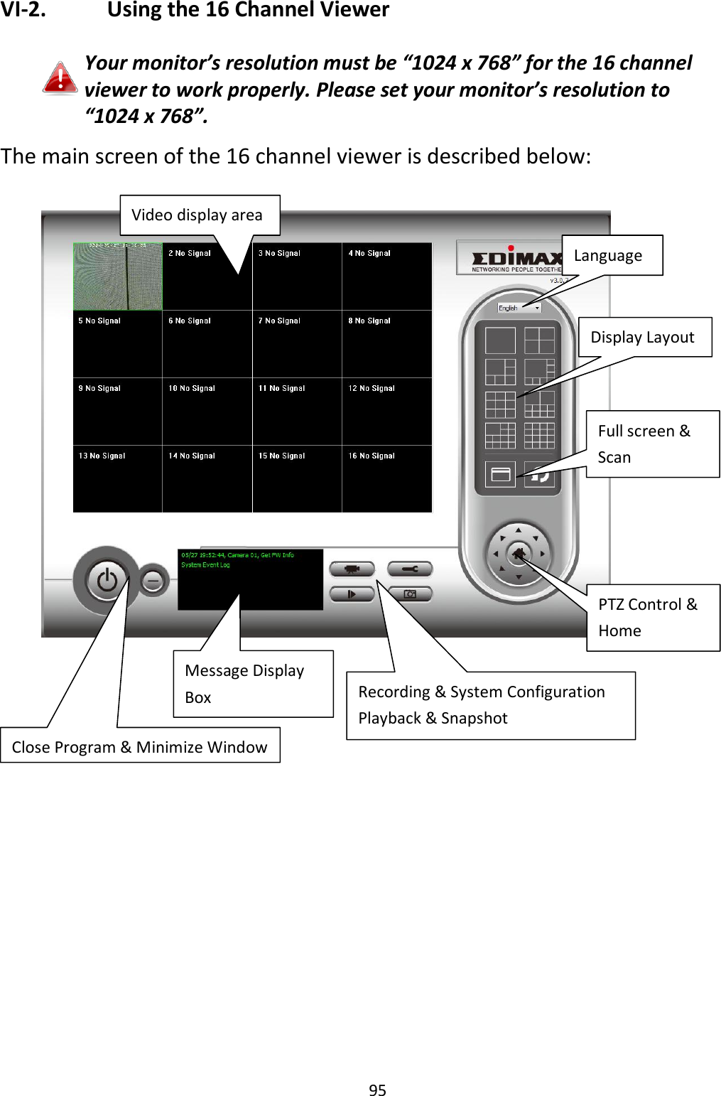 95  VI-2.    Using the 16 Channel Viewer  Your monitor’s resolution must be “1024 x 768” for the 16 channel viewer to work properly. Please set your monitor’s resolution to “1024 x 768”. The main screen of the 16 channel viewer is described below:        Language Display Layout Full screen &amp; Scan PTZ Control &amp; Home Recording &amp; System Configuration Playback &amp; Snapshot Close Program &amp; Minimize Window Video display area Message Display Box 