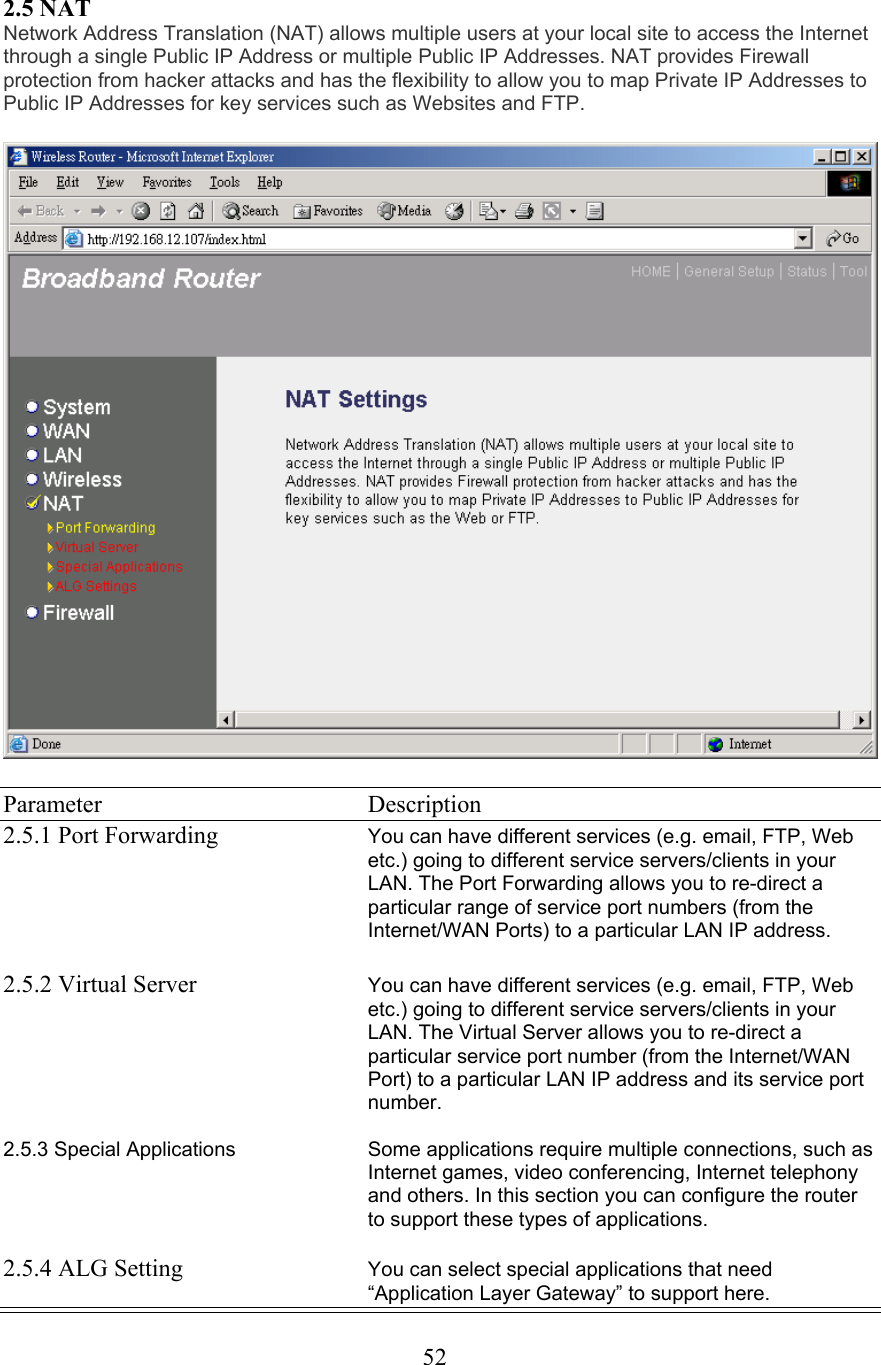 2.5 NAT Network Address Translation (NAT) allows multiple users at your local site to access the Internet through a single Public IP Address or multiple Public IP Addresses. NAT provides Firewall protection from hacker attacks and has the flexibility to allow you to map Private IP Addresses to Public IP Addresses for key services such as Websites and FTP.Parameter    Description 2.5.1 Port Forwarding  You can have different services (e.g. email, FTP, Web etc.) going to different service servers/clients in your LAN. The Port Forwarding allows you to re-direct a particular range of service port numbers (from the Internet/WAN Ports) to a particular LAN IP address. 2.5.2 Virtual Server  You can have different services (e.g. email, FTP, Web etc.) going to different service servers/clients in your LAN. The Virtual Server allows you to re-direct a particular service port number (from the Internet/WAN Port) to a particular LAN IP address and its service port number.2.5.3 Special Applications  Some applications require multiple connections, such as Internet games, video conferencing, Internet telephony and others. In this section you can configure the router to support these types of applications. 2.5.4 ALG Setting  You can select special applications that need “Application Layer Gateway” to support here. 52