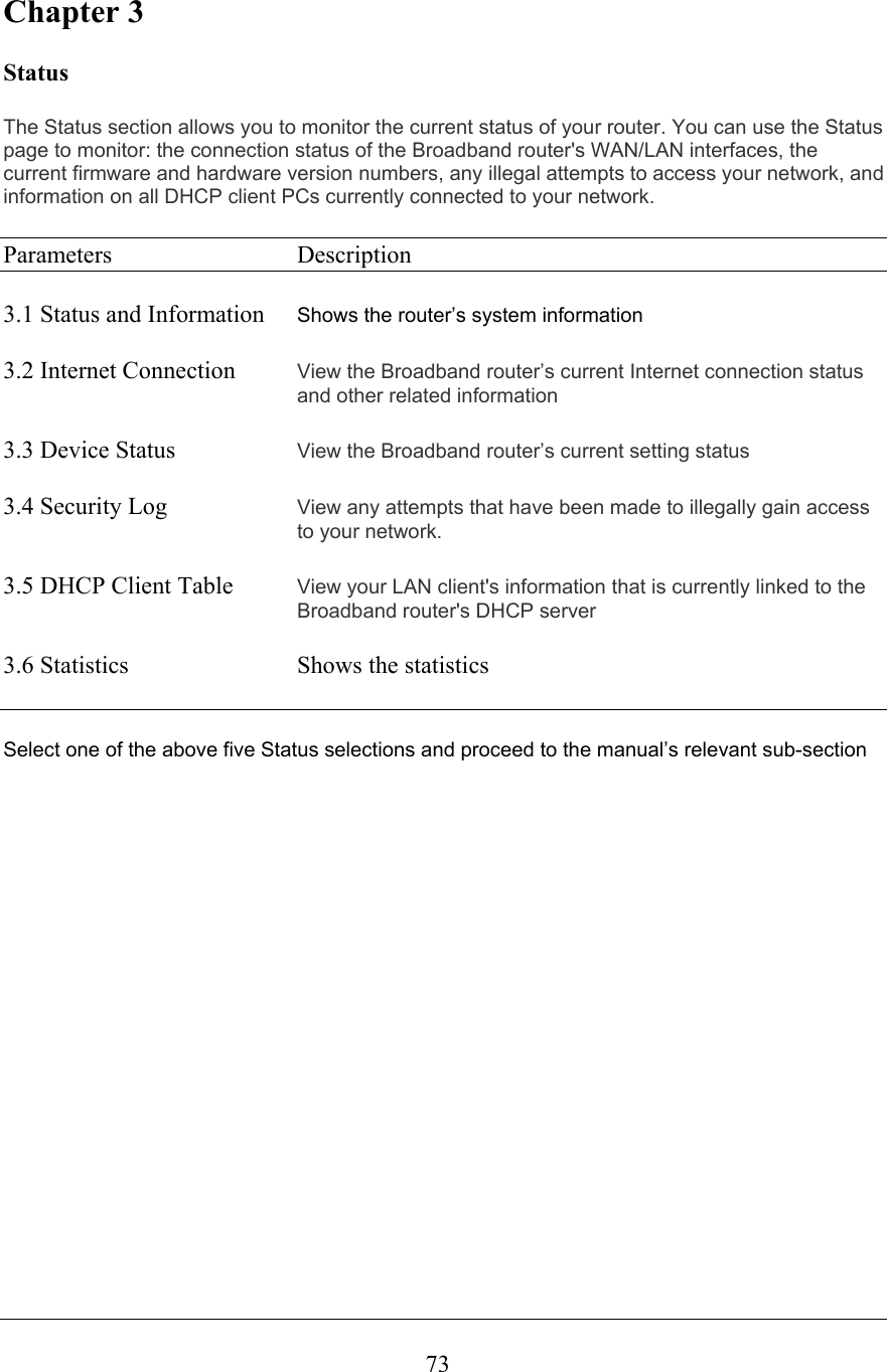 Chapter 3 StatusThe Status section allows you to monitor the current status of your router. You can use the Status page to monitor: the connection status of the Broadband router&apos;s WAN/LAN interfaces, the current firmware and hardware version numbers, any illegal attempts to access your network, and information on all DHCP client PCs currently connected to your network. Parameters   Description 3.1 Status and Information Shows the router’s system information3.2 Internet Connection  View the Broadband router’s current Internet connection status and other related information3.3 Device Status  View the Broadband router’s current setting status3.4 Security Log  View any attempts that have been made to illegally gain access to your network.3.5 DHCP Client Table  View your LAN client&apos;s information that is currently linked to the Broadband router&apos;s DHCP server 3.6 Statistics  Shows the statisticsSelect one of the above five Status selections and proceed to the manual’s relevant sub-section 73