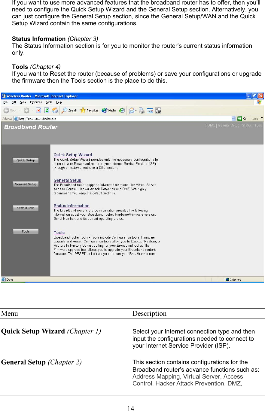  14If you want to use more advanced features that the broadband router has to offer, then you’ll need to configure the Quick Setup Wizard and the General Setup section. Alternatively, you can just configure the General Setup section, since the General Setup/WAN and the Quick Setup Wizard contain the same configurations.  Status Information (Chapter 3) The Status Information section is for you to monitor the router’s current status information only.  Tools (Chapter 4) If you want to Reset the router (because of problems) or save your configurations or upgrade the firmware then the Tools section is the place to do this.       Menu      Description  Quick Setup Wizard (Chapter 1) Select your Internet connection type and then input the configurations needed to connect to your Internet Service Provider (ISP).  General Setup (Chapter 2) This section contains configurations for the Broadband router’s advance functions such as:  Address Mapping, Virtual Server, Access Control, Hacker Attack Prevention, DMZ, 