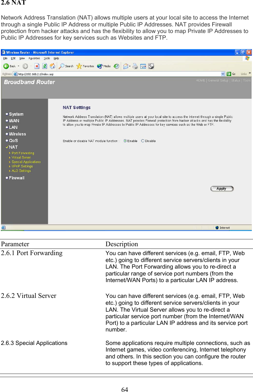  642.6 NAT  Network Address Translation (NAT) allows multiple users at your local site to access the Internet through a single Public IP Address or multiple Public IP Addresses. NAT provides Firewall protection from hacker attacks and has the flexibility to allow you to map Private IP Addresses to Public IP Addresses for key services such as Websites and FTP.    Parameter    Description 2.6.1 Port Forwarding  You can have different services (e.g. email, FTP, Web etc.) going to different service servers/clients in your LAN. The Port Forwarding allows you to re-direct a particular range of service port numbers (from the Internet/WAN Ports) to a particular LAN IP address.  2.6.2 Virtual Server  You can have different services (e.g. email, FTP, Web etc.) going to different service servers/clients in your LAN. The Virtual Server allows you to re-direct a particular service port number (from the Internet/WAN Port) to a particular LAN IP address and its service port number.  2.6.3 Special Applications  Some applications require multiple connections, such as Internet games, video conferencing, Internet telephony and others. In this section you can configure the router to support these types of applications.  