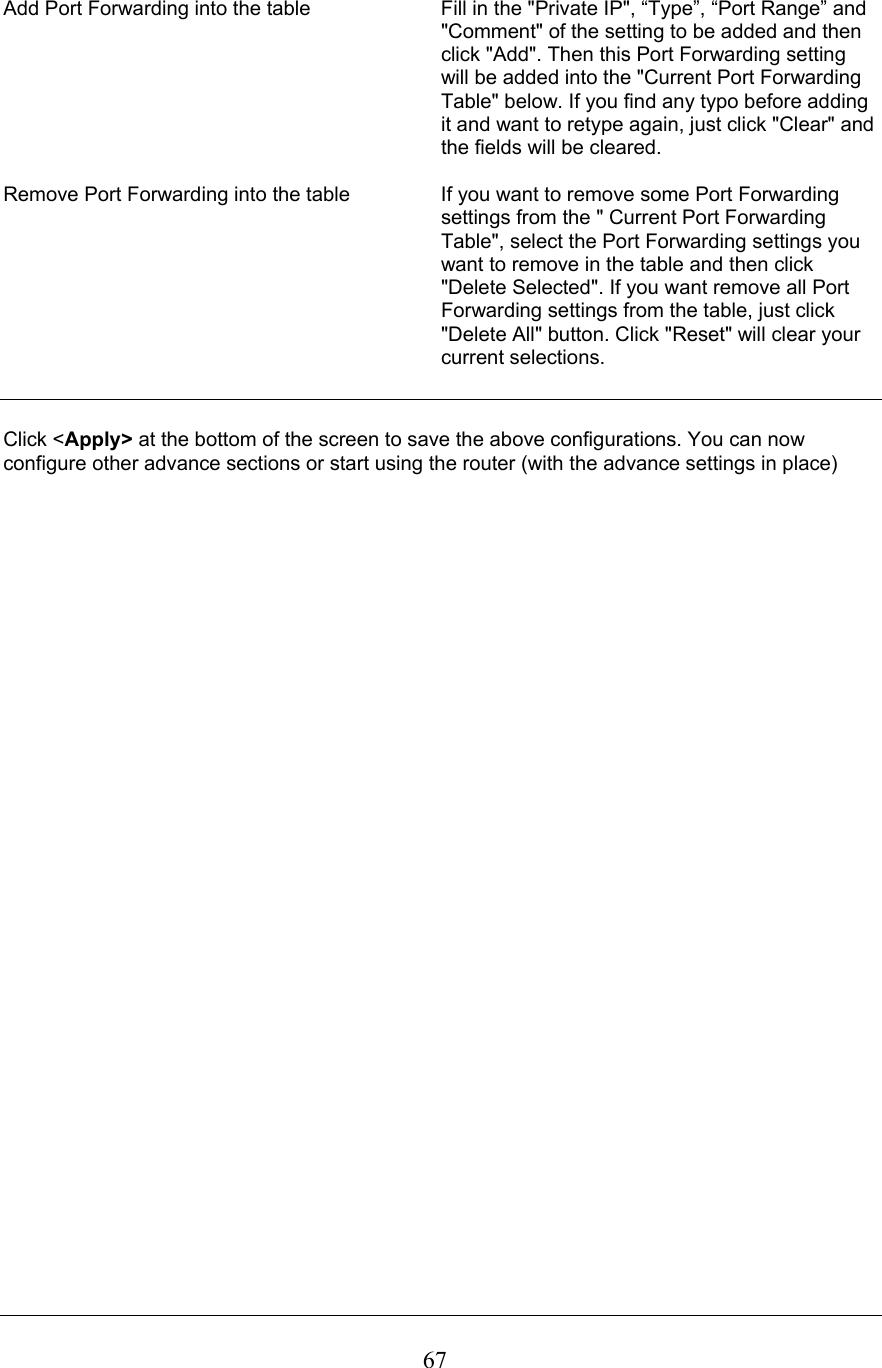  67Add Port Forwarding into the table  Fill in the &quot;Private IP&quot;, “Type”, “Port Range” and &quot;Comment&quot; of the setting to be added and then click &quot;Add&quot;. Then this Port Forwarding setting will be added into the &quot;Current Port Forwarding Table&quot; below. If you find any typo before adding it and want to retype again, just click &quot;Clear&quot; and the fields will be cleared.  Remove Port Forwarding into the table  If you want to remove some Port Forwarding settings from the &quot; Current Port Forwarding Table&quot;, select the Port Forwarding settings you want to remove in the table and then click &quot;Delete Selected&quot;. If you want remove all Port Forwarding settings from the table, just click &quot;Delete All&quot; button. Click &quot;Reset&quot; will clear your current selections.    Click &lt;Apply&gt; at the bottom of the screen to save the above configurations. You can now configure other advance sections or start using the router (with the advance settings in place)                               