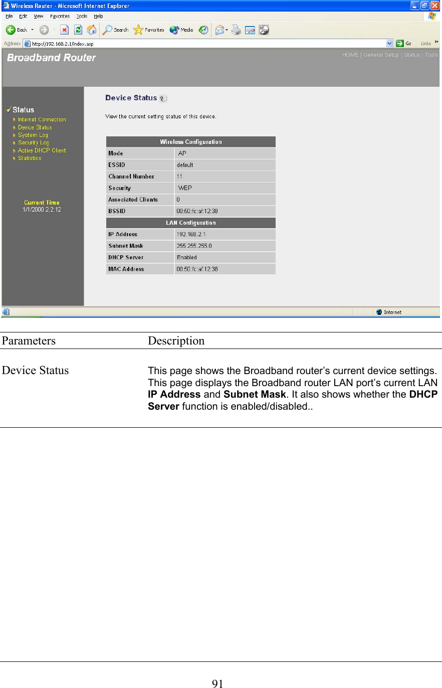  91  Parameters     Description  Device Status  This page shows the Broadband router’s current device settings. This page displays the Broadband router LAN port’s current LAN IP Address and Subnet Mask. It also shows whether the DHCP Server function is enabled/disabled..                  