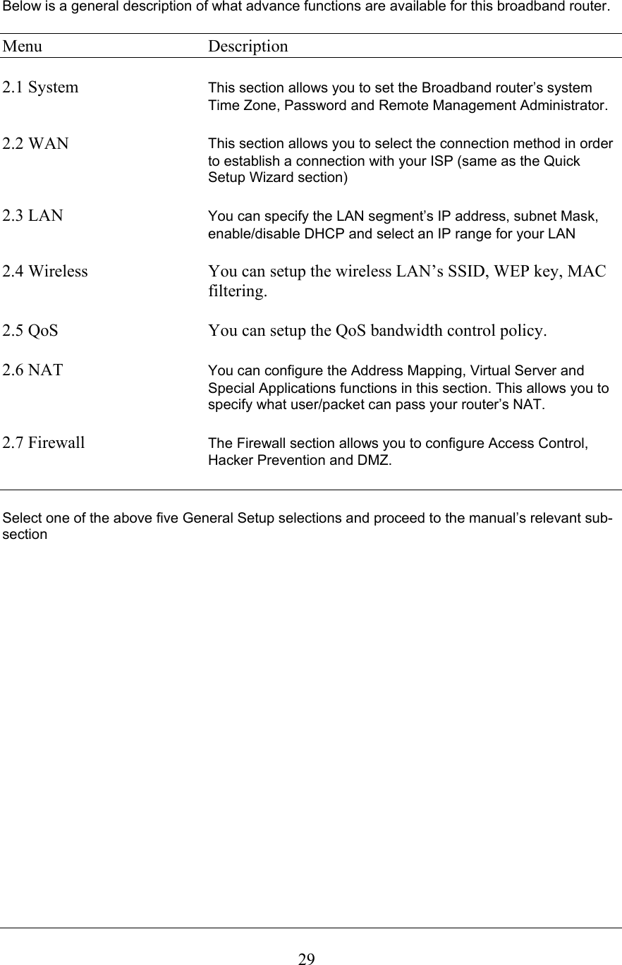  29Below is a general description of what advance functions are available for this broadband router.  Menu     Description  2.1 System  This section allows you to set the Broadband router’s system Time Zone, Password and Remote Management Administrator.   2.2 WAN  This section allows you to select the connection method in order to establish a connection with your ISP (same as the Quick Setup Wizard section)   2.3 LAN  You can specify the LAN segment’s IP address, subnet Mask, enable/disable DHCP and select an IP range for your LAN  2.4 Wireless  You can setup the wireless LAN’s SSID, WEP key, MAC filtering.  2.5 QoS  You can setup the QoS bandwidth control policy.  2.6 NAT  You can configure the Address Mapping, Virtual Server and Special Applications functions in this section. This allows you to specify what user/packet can pass your router’s NAT.  2.7 Firewall  The Firewall section allows you to configure Access Control, Hacker Prevention and DMZ.   Select one of the above five General Setup selections and proceed to the manual’s relevant sub-section                     