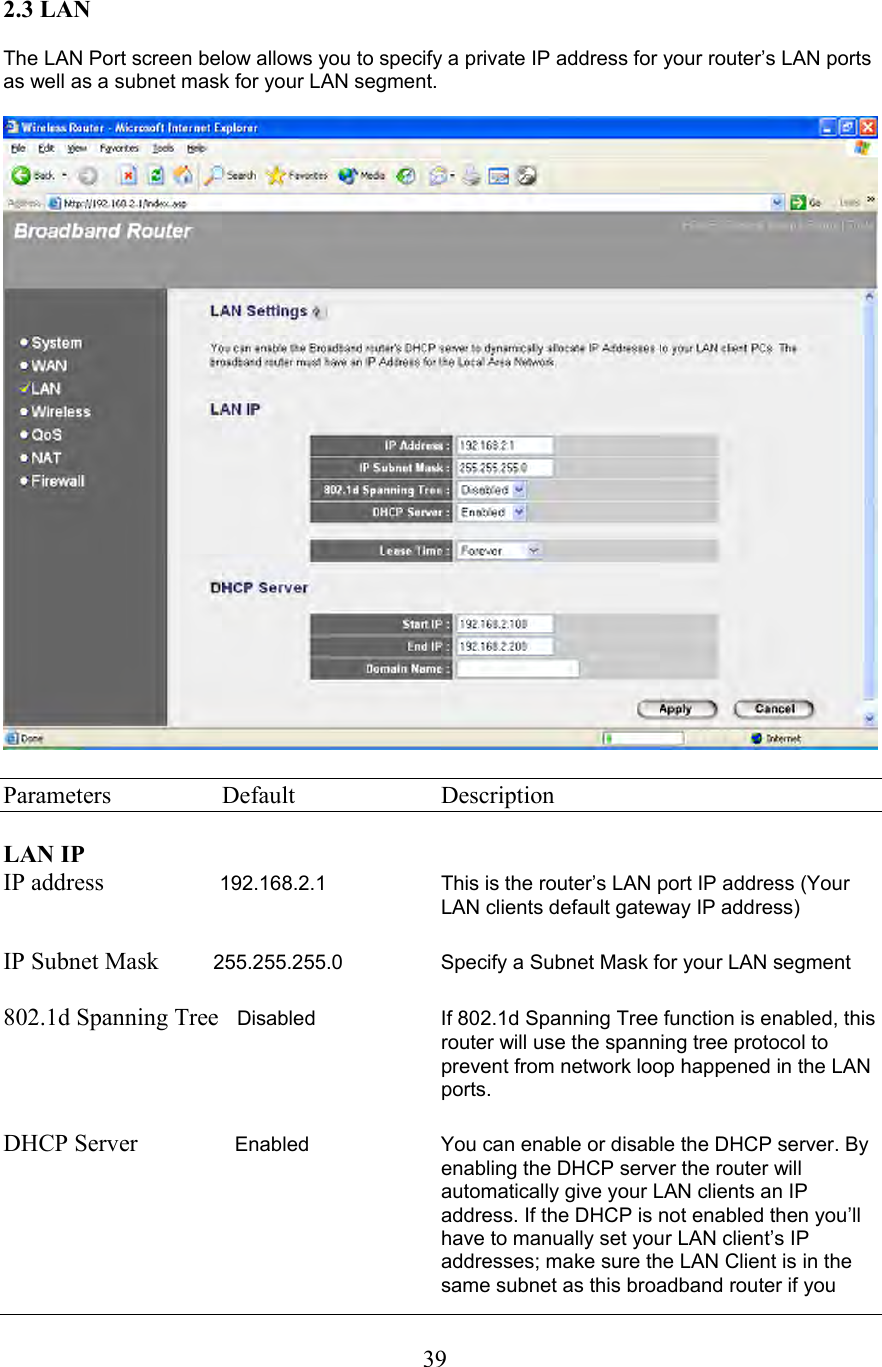  392.3 LAN  The LAN Port screen below allows you to specify a private IP address for your router’s LAN ports as well as a subnet mask for your LAN segment.    Parameters  Default  Description  LAN IP IP address                   192.168.2.1  This is the router’s LAN port IP address (Your LAN clients default gateway IP address)  IP Subnet Mask         255.255.255.0  Specify a Subnet Mask for your LAN segment  802.1d Spanning Tree   Disabled  If 802.1d Spanning Tree function is enabled, this router will use the spanning tree protocol to prevent from network loop happened in the LAN ports.  DHCP Server                Enabled              You can enable or disable the DHCP server. By               enabling the DHCP server the router will automatically give your LAN clients an IP address. If the DHCP is not enabled then you’ll have to manually set your LAN client’s IP addresses; make sure the LAN Client is in the same subnet as this broadband router if you 