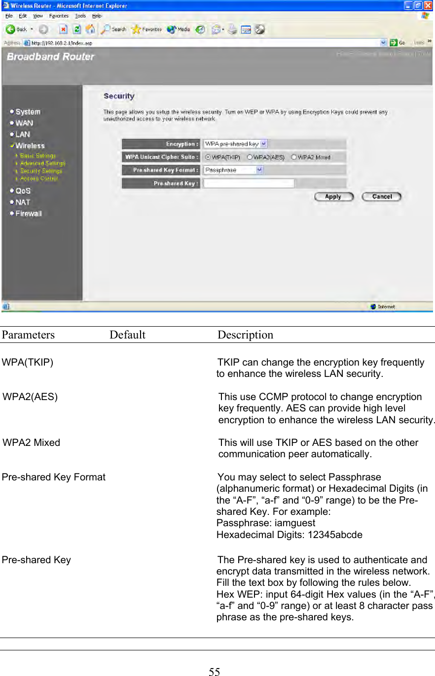  55  Parameters  Default  Description  WPA(TKIP)   TKIP can change the encryption key frequently to enhance the wireless LAN security.  WPA2(AES)  This use CCMP protocol to change encryption key frequently. AES can provide high level encryption to enhance the wireless LAN security.  WPA2 Mixed  This will use TKIP or AES based on the other communication peer automatically.  Pre-shared Key Format   You may select to select Passphrase (alphanumeric format) or Hexadecimal Digits (in the “A-F”, “a-f” and “0-9” range) to be the Pre-shared Key. For example: Passphrase: iamguest Hexadecimal Digits: 12345abcde  Pre-shared Key   The Pre-shared key is used to authenticate and encrypt data transmitted in the wireless network. Fill the text box by following the rules below.  Hex WEP: input 64-digit Hex values (in the “A-F”, “a-f” and “0-9” range) or at least 8 character pass phrase as the pre-shared keys.  