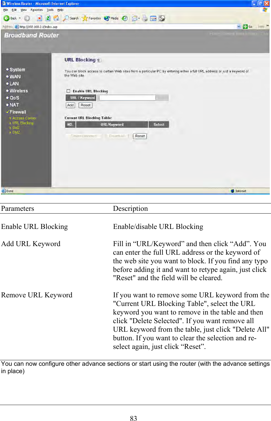  83  Parameters    Description  Enable URL Blocking  Enable/disable URL Blocking  Add URL Keyword  Fill in “URL/Keyword” and then click “Add”. You can enter the full URL address or the keyword of the web site you want to block. If you find any typo before adding it and want to retype again, just click &quot;Reset&quot; and the field will be cleared.  Remove URL Keyword  If you want to remove some URL keyword from the &quot;Current URL Blocking Table&quot;, select the URL keyword you want to remove in the table and then click &quot;Delete Selected&quot;. If you want remove all URL keyword from the table, just click &quot;Delete All&quot; button. If you want to clear the selection and re-select again, just click “Reset”.  You can now configure other advance sections or start using the router (with the advance settings in place)    