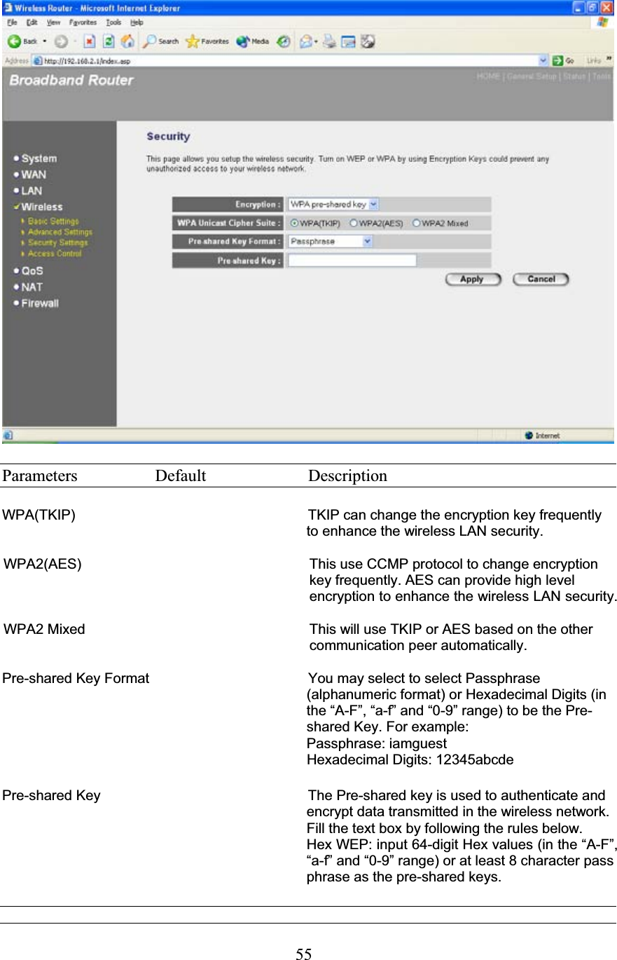55Parameters  Default  Description WPA(TKIP)   TKIP can change the encryption key frequently to enhance the wireless LAN security. WPA2(AES)  This use CCMP protocol to change encryption key frequently. AES can provide high level encryption to enhance the wireless LAN security. WPA2 Mixed  This will use TKIP or AES based on the other communication peer automatically. Pre-shared Key Format   You may select to select Passphrase (alphanumeric format) or Hexadecimal Digits (in the “A-F”, “a-f” and “0-9” range) to be the Pre-shared Key. For example: Passphrase: iamguest Hexadecimal Digits: 12345abcde Pre-shared Key   The Pre-shared key is used to authenticate and encrypt data transmitted in the wireless network. Fill the text box by following the rules below.  Hex WEP: input 64-digit Hex values (in the “A-F”, “a-f” and “0-9” range) or at least 8 character pass phrase as the pre-shared keys. 