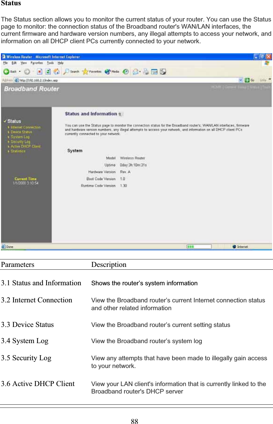 88StatusThe Status section allows you to monitor the current status of your router. You can use the Status page to monitor: the connection status of the Broadband router&apos;s WAN/LAN interfaces, the current firmware and hardware version numbers, any illegal attempts to access your network, and information on all DHCP client PCs currently connected to your network. Parameters     Description 3.1 Status and Information  Shows the router’s system information3.2 Internet Connection  View the Broadband router’s current Internet connection status and other related information3.3 Device Status    View the Broadband router’s current setting status 3.4 System Log    View the Broadband router’s system log3.5 Security Log  View any attempts that have been made to illegally gain access to your network.   3.6 Active DHCP Client  View your LAN client&apos;s information that is currently linked to the Broadband router&apos;s DHCP server 