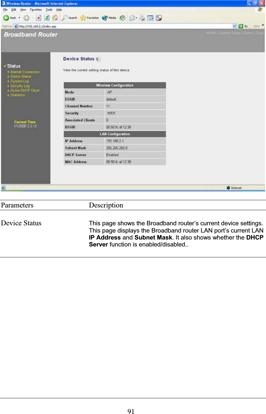 91Parameters     Description Device Status  This page shows the Broadband router’s current device settings. This page displays the Broadband router LAN port’s current LAN IP Address and Subnet Mask. It also shows whether the DHCP Server function is enabled/disabled..