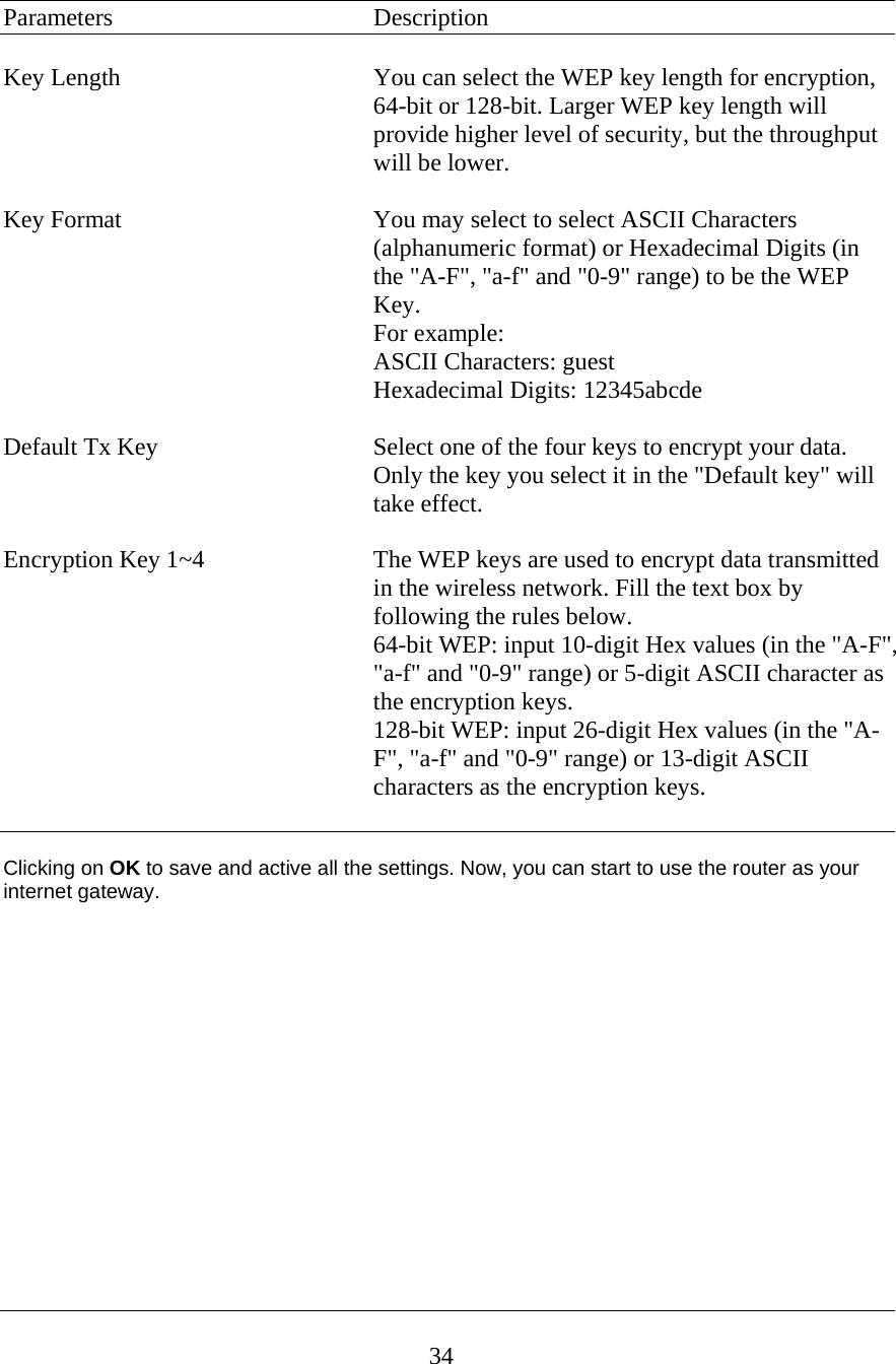  34 Parameters    Description  Key Length  You can select the WEP key length for encryption, 64-bit or 128-bit. Larger WEP key length will provide higher level of security, but the throughput will be lower.  Key Format  You may select to select ASCII Characters (alphanumeric format) or Hexadecimal Digits (in the &quot;A-F&quot;, &quot;a-f&quot; and &quot;0-9&quot; range) to be the WEP Key. For example: ASCII Characters: guest Hexadecimal Digits: 12345abcde  Default Tx Key  Select one of the four keys to encrypt your data. Only the key you select it in the &quot;Default key&quot; will take effect.  Encryption Key 1~4  The WEP keys are used to encrypt data transmitted in the wireless network. Fill the text box by following the rules below. 64-bit WEP: input 10-digit Hex values (in the &quot;A-F&quot;, &quot;a-f&quot; and &quot;0-9&quot; range) or 5-digit ASCII character as the encryption keys. 128-bit WEP: input 26-digit Hex values (in the &quot;A-F&quot;, &quot;a-f&quot; and &quot;0-9&quot; range) or 13-digit ASCII characters as the encryption keys.   Clicking on OK to save and active all the settings. Now, you can start to use the router as your internet gateway.              