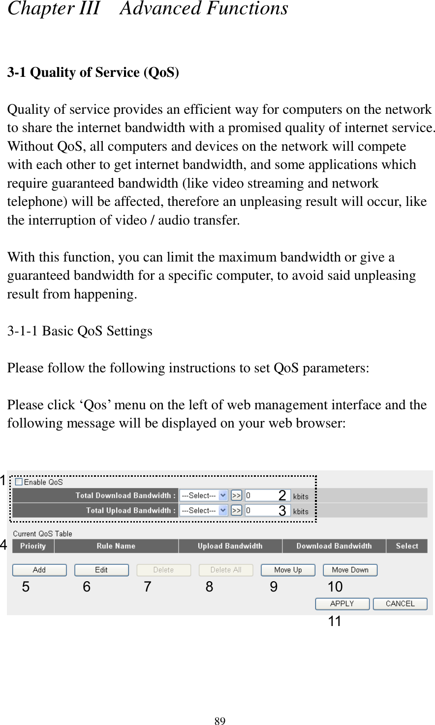 89 Chapter III    Advanced Functions  3-1 Quality of Service (QoS)  Quality of service provides an efficient way for computers on the network to share the internet bandwidth with a promised quality of internet service. Without QoS, all computers and devices on the network will compete with each other to get internet bandwidth, and some applications which require guaranteed bandwidth (like video streaming and network telephone) will be affected, therefore an unpleasing result will occur, like the interruption of video / audio transfer.    With this function, you can limit the maximum bandwidth or give a guaranteed bandwidth for a specific computer, to avoid said unpleasing result from happening.  3-1-1 Basic QoS Settings  Please follow the following instructions to set QoS parameters:  Please click „Qos‟ menu on the left of web management interface and the following message will be displayed on your web browser:        1 2 3 4 5 6 7 8 9 10 11 