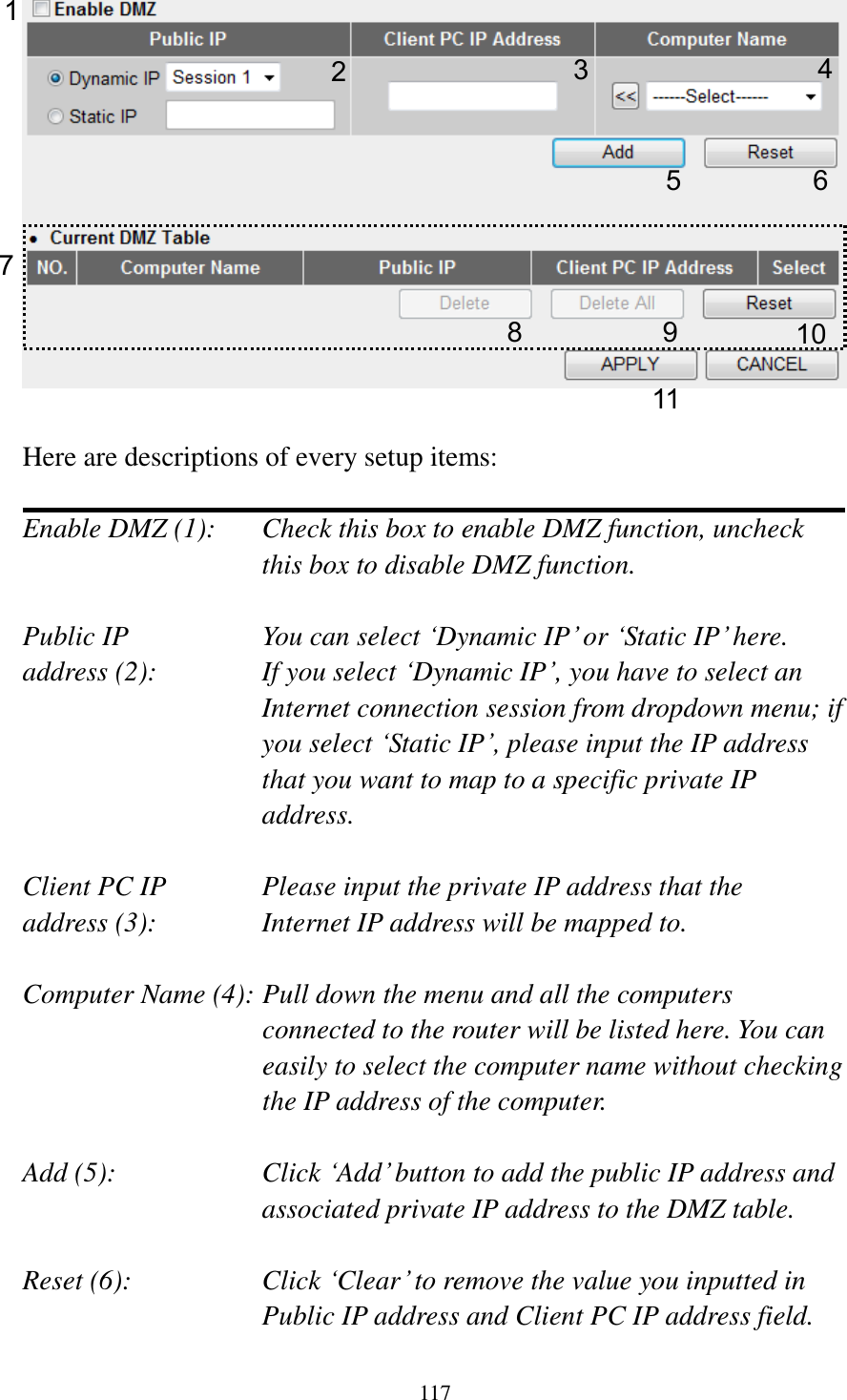 117   Here are descriptions of every setup items:  Enable DMZ (1):    Check this box to enable DMZ function, uncheck this box to disable DMZ function.  Public IP        You can select „Dynamic IP‟ or „Static IP‟ here. address (2):    If you select „Dynamic IP‟, you have to select an Internet connection session from dropdown menu; if you select „Static IP‟, please input the IP address that you want to map to a specific private IP address.  Client PC IP      Please input the private IP address that the address (3):      Internet IP address will be mapped to.  Computer Name (4): Pull down the menu and all the computers connected to the router will be listed here. You can easily to select the computer name without checking the IP address of the computer.  Add (5):    Click „Add‟ button to add the public IP address and associated private IP address to the DMZ table.  Reset (6):    Click „Clear‟ to remove the value you inputted in Public IP address and Client PC IP address field. 1 2 4 5 6 7 8 9 10 11 3 