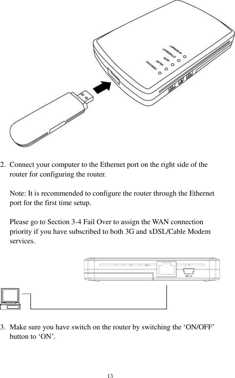 13   2. Connect your computer to the Ethernet port on the right side of the router for configuring the router.  Note: It is recommended to configure the router through the Ethernet port for the first time setup.  Please go to Section 3-4 Fail Over to assign the WAN connection priority if you have subscribed to both 3G and xDSL/Cable Modem services.    3. Make sure you have switch on the router by switching the „ON/OFF‟ button to „ON‟.  