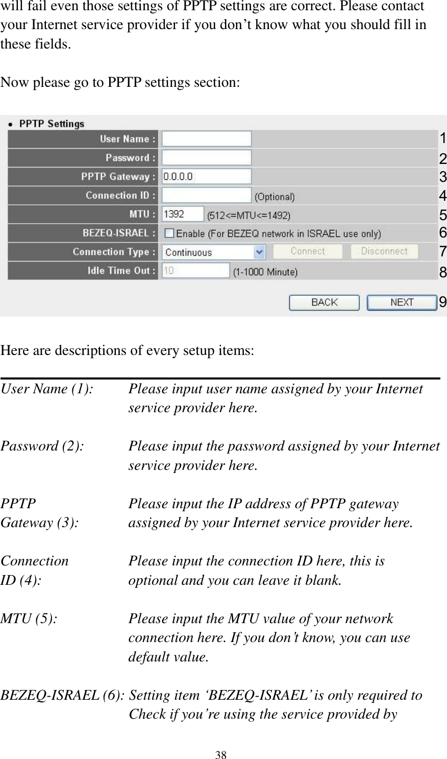 38 will fail even those settings of PPTP settings are correct. Please contact your Internet service provider if you don‟t know what you should fill in these fields.  Now please go to PPTP settings section:    Here are descriptions of every setup items:  User Name (1):    Please input user name assigned by your Internet service provider here.  Password (2):    Please input the password assigned by your Internet service provider here.  PPTP    Please input the IP address of PPTP gateway Gateway (3):    assigned by your Internet service provider here.  Connection       Please input the connection ID here, this is ID (4):         optional and you can leave it blank.  MTU (5):    Please input the MTU value of your network connection here. If you don‟t know, you can use default value.  BEZEQ-ISRAEL (6): Setting item „BEZEQ-ISRAEL‟ is only required to Check if you‟re using the service provided by 1 2 3 4 5 6 7 9 8 