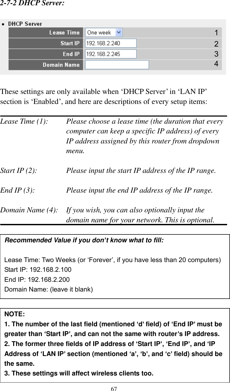 67 2-7-2 DHCP Server:    These settings are only available when „DHCP Server‟ in „LAN IP‟ section is „Enabled‟, and here are descriptions of every setup items:  Lease Time (1):    Please choose a lease time (the duration that every computer can keep a specific IP address) of every IP address assigned by this router from dropdown menu.  Start IP (2):      Please input the start IP address of the IP range.  End IP (3):       Please input the end IP address of the IP range.  Domain Name (4):    If you wish, you can also optionally input the domain name for your network. This is optional.                Recommended Value if you don’t know what to fill:  Lease Time: Two Weeks (or ‘Forever’, if you have less than 20 computers) Start IP: 192.168.2.100 End IP: 192.168.2.200 Domain Name: (leave it blank) NOTE:   1. The number of the last field (mentioned ‘d’ field) of ‘End IP’ must be greater than ‘Start IP’, and can not the same with router’s IP address. 2. The former three fields of IP address of ‘Start IP’, ‘End IP’, and ‘IP Address of ‘LAN IP’ section (mentioned ‘a’, ‘b’, and ‘c’ field) should be the same. 3. These settings will affect wireless clients too. 1 3 4 2 