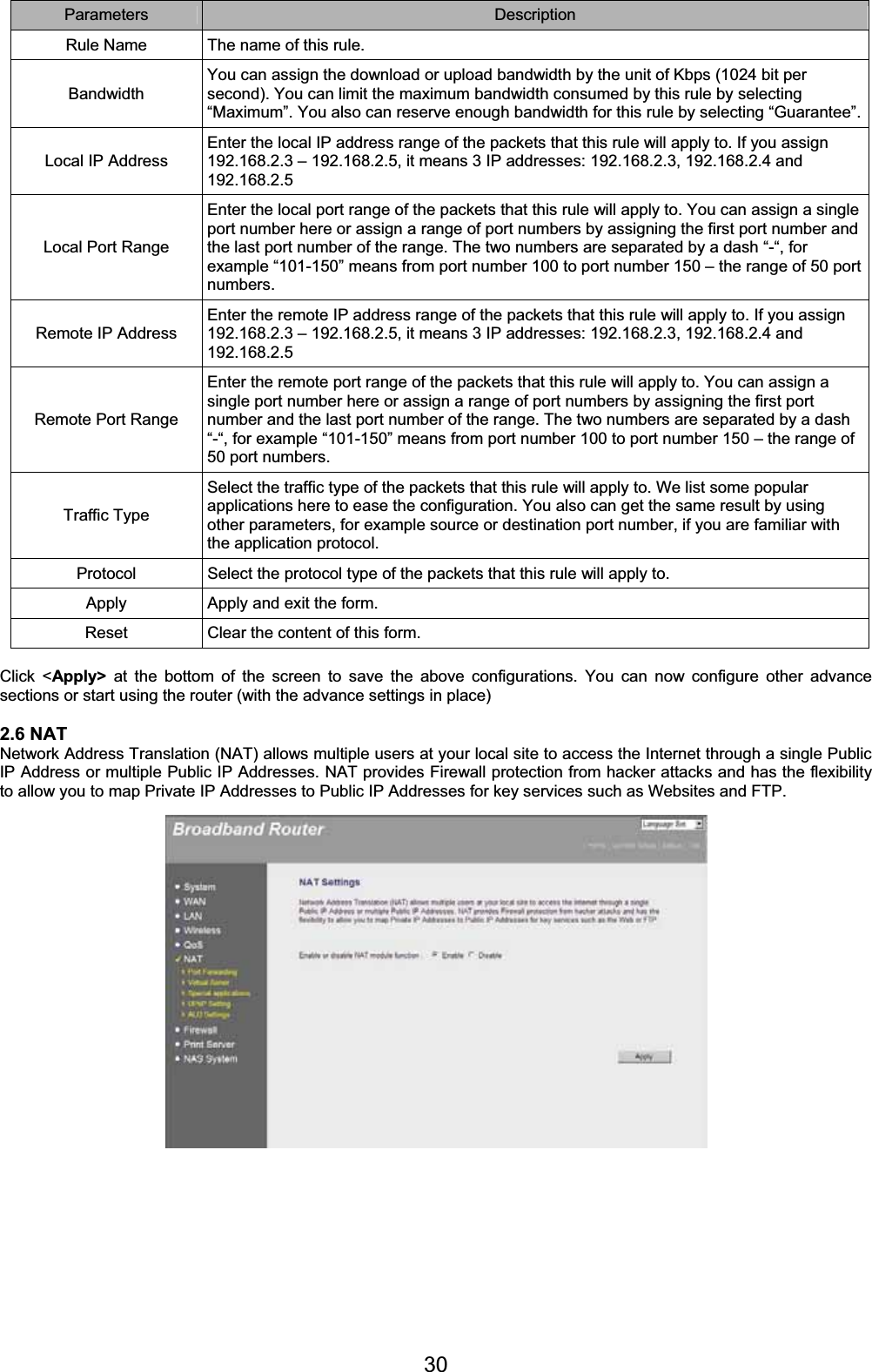 30Parameters Description Rule Name  The name of this rule. Bandwidth You can assign the download or upload bandwidth by the unit of Kbps (1024 bit per second). You can limit the maximum bandwidth consumed by this rule by selecting “Maximum”. You also can reserve enough bandwidth for this rule by selecting “Guarantee”.Local IP Address Enter the local IP address range of the packets that this rule will apply to. If you assign 192.168.2.3 – 192.168.2.5, it means 3 IP addresses: 192.168.2.3, 192.168.2.4 and 192.168.2.5 Local Port Range Enter the local port range of the packets that this rule will apply to. You can assign a single port number here or assign a range of port numbers by assigning the first port number and the last port number of the range. The two numbers are separated by a dash “-“, for example “101-150” means from port number 100 to port number 150 – the range of 50 port numbers. Remote IP Address Enter the remote IP address range of the packets that this rule will apply to. If you assign 192.168.2.3 – 192.168.2.5, it means 3 IP addresses: 192.168.2.3, 192.168.2.4 and 192.168.2.5 Remote Port Range Enter the remote port range of the packets that this rule will apply to. You can assign a single port number here or assign a range of port numbers by assigning the first port number and the last port number of the range. The two numbers are separated by a dash “-“, for example “101-150” means from port number 100 to port number 150 – the range of 50 port numbers. Traffic Type Select the traffic type of the packets that this rule will apply to. We list some popular applications here to ease the configuration. You also can get the same result by using other parameters, for example source or destination port number, if you are familiar with the application protocol. Protocol  Select the protocol type of the packets that this rule will apply to. Apply  Apply and exit the form. Reset  Clear the content of this form. Click &lt;Apply&gt; at the bottom of the screen to save the above configurations. You can now configure other advance sections or start using the router (with the advance settings in place) 2.6 NAT Network Address Translation (NAT) allows multiple users at your local site to access the Internet through a single Public IP Address or multiple Public IP Addresses. NAT provides Firewall protection from hacker attacks and has the flexibility to allow you to map Private IP Addresses to Public IP Addresses for key services such as Websites and FTP.