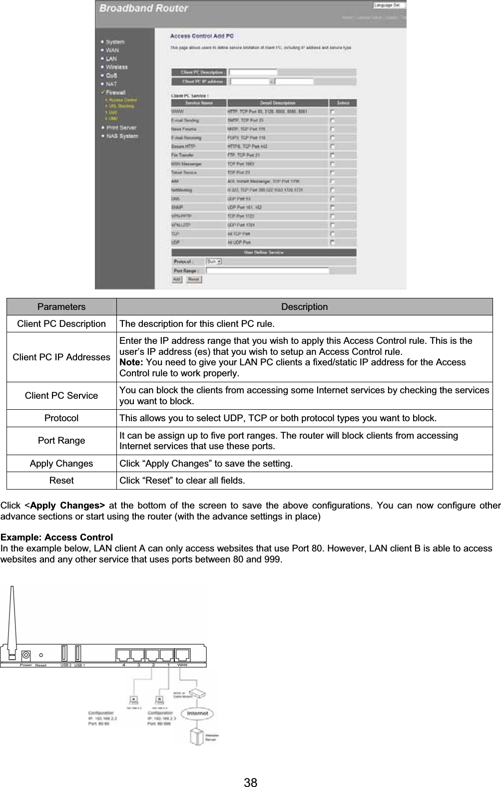 38Parameters Description Client PC Description  The description for this client PC rule. Client PC IP Addresses Enter the IP address range that you wish to apply this Access Control rule. This is the user’s IP address (es) that you wish to setup an Access Control rule. Note: You need to give your LAN PC clients a fixed/static IP address for the Access Control rule to work properly. Client PC Service  You can block the clients from accessing some Internet services by checking the services you want to block. Protocol  This allows you to select UDP, TCP or both protocol types you want to block. Port Range  It can be assign up to five port ranges. The router will block clients from accessing Internet services that use these ports. Apply Changes  Click “Apply Changes” to save the setting. Reset  Click “Reset” to clear all fields. Click &lt;Apply Changes&gt; at the bottom of the screen to save the above configurations. You can now configure other advance sections or start using the router (with the advance settings in place) Example: Access Control  In the example below, LAN client A can only access websites that use Port 80. However, LAN client B is able to access websites and any other service that uses ports between 80 and 999. 