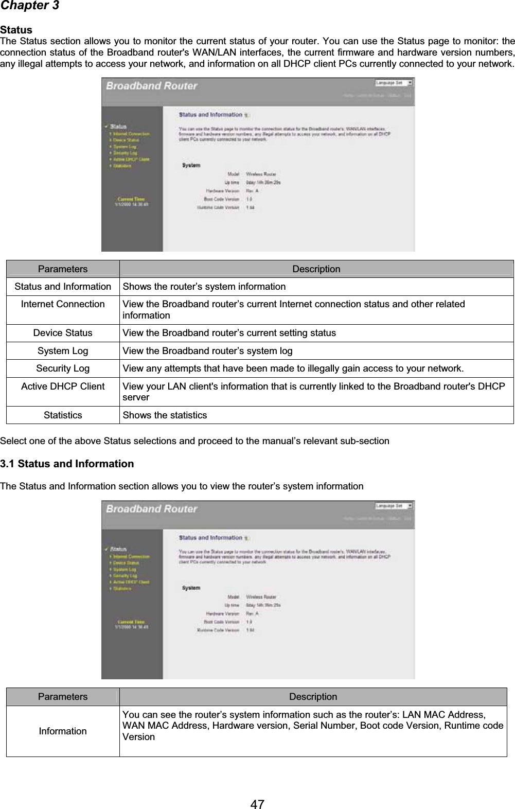 47Chapter 3 StatusThe Status section allows you to monitor the current status of your router. You can use the Status page to monitor: the connection status of the Broadband router&apos;s WAN/LAN interfaces, the current firmware and hardware version numbers, any illegal attempts to access your network, and information on all DHCP client PCs currently connected to your network. Parameters Description Status and Information  Shows the router’s system information Internet Connection  View the Broadband router’s current Internet connection status and other related informationDevice Status  View the Broadband router’s current setting status System Log  View the Broadband router’s system log Security Log  View any attempts that have been made to illegally gain access to your network. Active DHCP Client  View your LAN client&apos;s information that is currently linked to the Broadband router&apos;s DHCP serverStatistics  Shows the statistics Select one of the above Status selections and proceed to the manual’s relevant sub-section 3.1 Status and Information The Status and Information section allows you to view the router’s system information Parameters Description InformationYou can see the router’s system information such as the router’s: LAN MAC Address, WAN MAC Address, Hardware version, Serial Number, Boot code Version, Runtime code Version