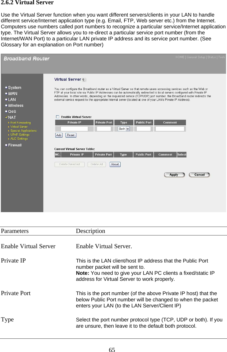 2.6.2 Virtual Server   Use the Virtual Server function when you want different servers/clients in your LAN to handle different service/Internet application type (e.g. Email, FTP, Web server etc.) from the Internet. Computers use numbers called port numbers to recognize a particular service/Internet application type. The Virtual Server allows you to re-direct a particular service port number (from the Internet/WAN Port) to a particular LAN private IP address and its service port number. (See Glossary for an explanation on Port number)     Parameters   Description  Enable Virtual Server  Enable Virtual Server.  Private IP  This is the LAN client/host IP address that the Public Port number packet will be sent to.   Note: You need to give your LAN PC clients a fixed/static IP address for Virtual Server to work properly.  Private Port  This is the port number (of the above Private IP host) that the below Public Port number will be changed to when the packet enters your LAN (to the LAN Server/Client IP)  Type  Select the port number protocol type (TCP, UDP or both). If you are unsure, then leave it to the default both protocol.   65