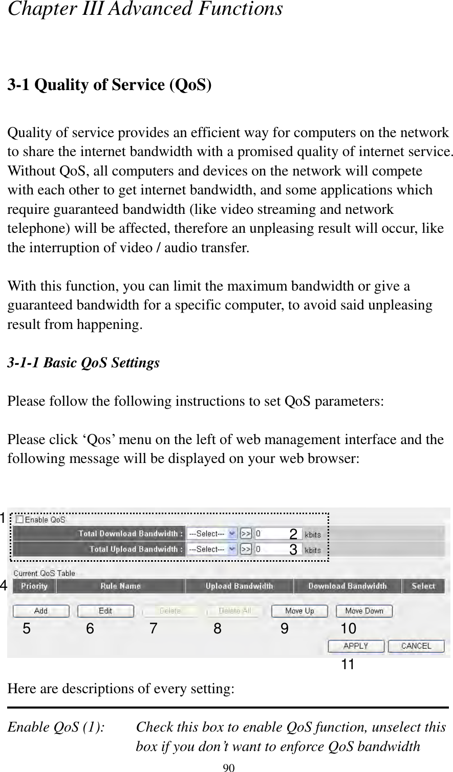  90 Chapter III Advanced Functions  3-1 Quality of Service (QoS)  Quality of service provides an efficient way for computers on the network to share the internet bandwidth with a promised quality of internet service. Without QoS, all computers and devices on the network will compete with each other to get internet bandwidth, and some applications which require guaranteed bandwidth (like video streaming and network telephone) will be affected, therefore an unpleasing result will occur, like the interruption of video / audio transfer.    With this function, you can limit the maximum bandwidth or give a guaranteed bandwidth for a specific computer, to avoid said unpleasing result from happening.  3-1-1 Basic QoS Settings  Please follow the following instructions to set QoS parameters:  Please click „Qos‟ menu on the left of web management interface and the following message will be displayed on your web browser:     Here are descriptions of every setting:  Enable QoS (1):    Check this box to enable QoS function, unselect this box if you don‟t want to enforce QoS bandwidth 1 2 3 4 5 6 7 8 9 10 11 