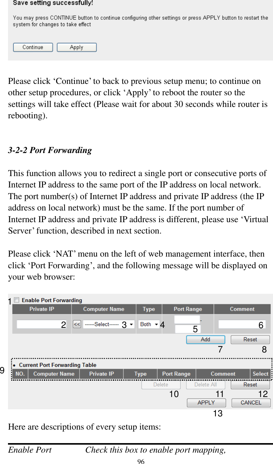  96   Please click „Continue‟ to back to previous setup menu; to continue on other setup procedures, or click „Apply‟ to reboot the router so the settings will take effect (Please wait for about 30 seconds while router is rebooting).   3-2-2 Port Forwarding  This function allows you to redirect a single port or consecutive ports of Internet IP address to the same port of the IP address on local network. The port number(s) of Internet IP address and private IP address (the IP address on local network) must be the same. If the port number of Internet IP address and private IP address is different, please use „Virtual Server‟ function, described in next section.  Please click „NAT‟ menu on the left of web management interface, then click „Port Forwarding‟, and the following message will be displayed on your web browser:    Here are descriptions of every setup items:  Enable Port      Check this box to enable port mapping, 1 3 4 5 6 7 8 9 10 11 12 13 2 