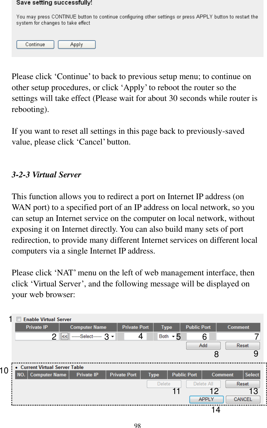  98    Please click „Continue‟ to back to previous setup menu; to continue on other setup procedures, or click „Apply‟ to reboot the router so the settings will take effect (Please wait for about 30 seconds while router is rebooting).  If you want to reset all settings in this page back to previously-saved value, please click „Cancel‟ button.   3-2-3 Virtual Server  This function allows you to redirect a port on Internet IP address (on WAN port) to a specified port of an IP address on local network, so you can setup an Internet service on the computer on local network, without exposing it on Internet directly. You can also build many sets of port redirection, to provide many different Internet services on different local computers via a single Internet IP address.  Please click „NAT‟ menu on the left of web management interface, then click „Virtual Server‟, and the following message will be displayed on your web browser:    1 2 3 4 5 8 9 10 11 12 13 14 7 6 