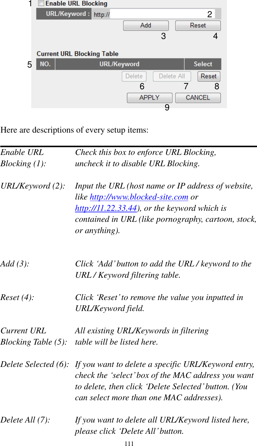  111   Here are descriptions of every setup items:  Enable URL      Check this box to enforce URL Blocking, Blocking (1):      uncheck it to disable URL Blocking.  URL/Keyword (2):    Input the URL (host name or IP address of website, like http://www.blocked-site.com or http://11.22.33.44), or the keyword which is contained in URL (like pornography, cartoon, stock, or anything).   Add (3):    Click „Add‟ button to add the URL / keyword to the URL / Keyword filtering table.  Reset (4):    Click „Reset‟ to remove the value you inputted in URL/Keyword field.  Current URL      All existing URL/Keywords in filtering Blocking Table (5):   table will be listed here.  Delete Selected (6):   If you want to delete a specific URL/Keyword entry, check the „select‟ box of the MAC address you want to delete, then click „Delete Selected‟ button. (You can select more than one MAC addresses).  Delete All (7):    If you want to delete all URL/Keyword listed here, please click „Delete All‟ button. 2 3 4 5 6 7 8 9 1 