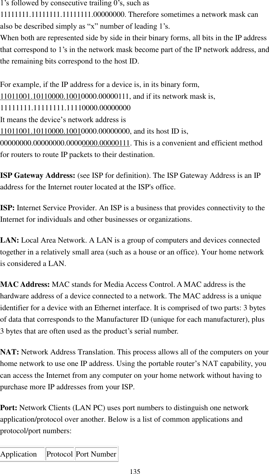  135 1‟s followed by consecutive trailing 0‟s, such as 11111111.11111111.11111111.00000000. Therefore sometimes a network mask can also be described simply as “x” number of leading 1‟s. When both are represented side by side in their binary forms, all bits in the IP address that correspond to 1‟s in the network mask become part of the IP network address, and the remaining bits correspond to the host ID.    For example, if the IP address for a device is, in its binary form, 11011001.10110000.10010000.00000111, and if its network mask is, 11111111.11111111.11110000.00000000 It means the device‟s network address is   11011001.10110000.10010000.00000000, and its host ID is, 00000000.00000000.00000000.00000111. This is a convenient and efficient method for routers to route IP packets to their destination. ISP Gateway Address: (see ISP for definition). The ISP Gateway Address is an IP address for the Internet router located at the ISP&apos;s office.   ISP: Internet Service Provider. An ISP is a business that provides connectivity to the Internet for individuals and other businesses or organizations.   LAN: Local Area Network. A LAN is a group of computers and devices connected together in a relatively small area (such as a house or an office). Your home network is considered a LAN.   MAC Address: MAC stands for Media Access Control. A MAC address is the hardware address of a device connected to a network. The MAC address is a unique identifier for a device with an Ethernet interface. It is comprised of two parts: 3 bytes of data that corresponds to the Manufacturer ID (unique for each manufacturer), plus 3 bytes that are often used as the product‟s serial number. NAT: Network Address Translation. This process allows all of the computers on your home network to use one IP address. Using the portable router‟s NAT capability, you can access the Internet from any computer on your home network without having to purchase more IP addresses from your ISP.   Port: Network Clients (LAN PC) uses port numbers to distinguish one network application/protocol over another. Below is a list of common applications and protocol/port numbers: Application Protocol Port Number 