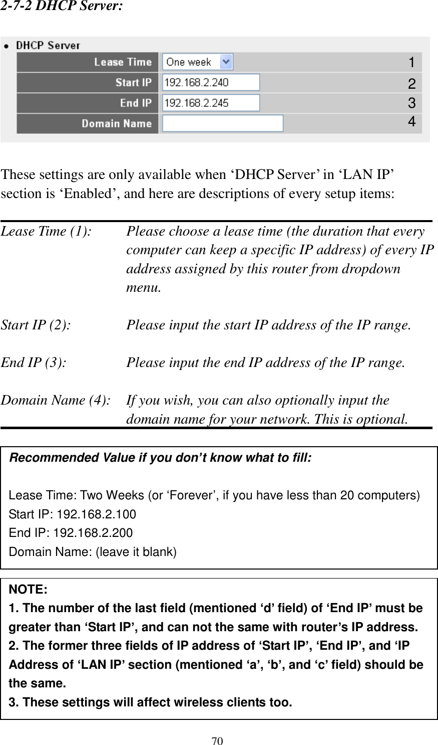  70  2-7-2 DHCP Server:    These settings are only available when „DHCP Server‟ in „LAN IP‟ section is „Enabled‟, and here are descriptions of every setup items:  Lease Time (1):    Please choose a lease time (the duration that every computer can keep a specific IP address) of every IP address assigned by this router from dropdown menu.  Start IP (2):      Please input the start IP address of the IP range.  End IP (3):       Please input the end IP address of the IP range.  Domain Name (4):    If you wish, you can also optionally input the domain name for your network. This is optional.                 Recommended Value if you don’t know what to fill:  Lease Time: Two Weeks (or ‘Forever’, if you have less than 20 computers) Start IP: 192.168.2.100 End IP: 192.168.2.200 Domain Name: (leave it blank) NOTE:   1. The number of the last field (mentioned ‘d’ field) of ‘End IP’ must be greater than ‘Start IP’, and can not the same with router’s IP address. 2. The former three fields of IP address of ‘Start IP’, ‘End IP’, and ‘IP Address of ‘LAN IP’ section (mentioned ‘a’, ‘b’, and ‘c’ field) should be the same. 3. These settings will affect wireless clients too. 1 3 4 2 