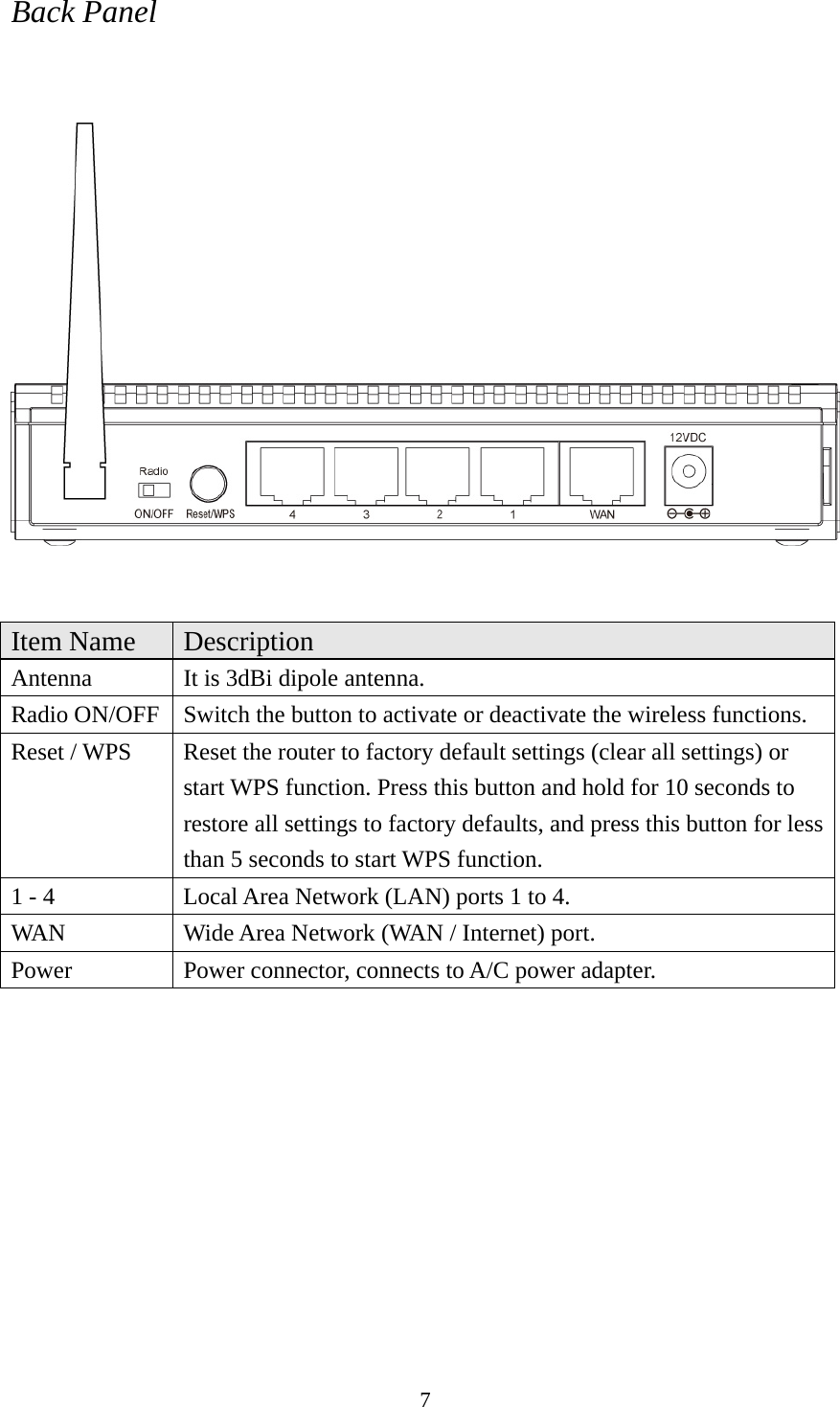 7 Back Panel     Item Name  Description Antenna  It is 3dBi dipole antenna. Radio ON/OFF  Switch the button to activate or deactivate the wireless functions. Reset / WPS  Reset the router to factory default settings (clear all settings) or start WPS function. Press this button and hold for 10 seconds to restore all settings to factory defaults, and press this button for less than 5 seconds to start WPS function. 1 - 4  Local Area Network (LAN) ports 1 to 4. WAN  Wide Area Network (WAN / Internet) port. Power  Power connector, connects to A/C power adapter.  