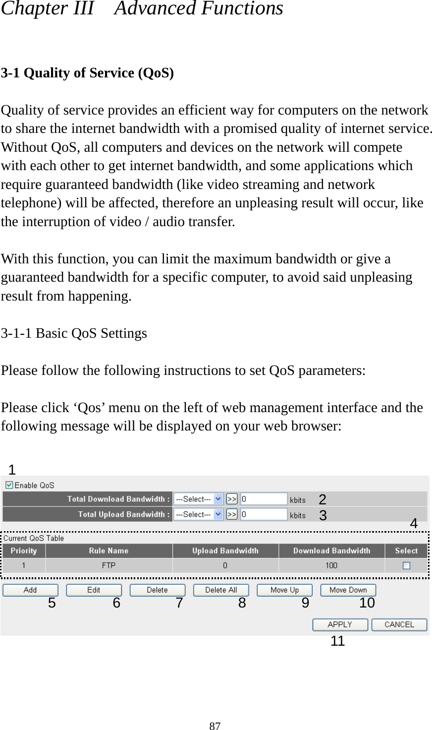 87 Chapter III    Advanced Functions  3-1 Quality of Service (QoS)  Quality of service provides an efficient way for computers on the network to share the internet bandwidth with a promised quality of internet service. Without QoS, all computers and devices on the network will compete with each other to get internet bandwidth, and some applications which require guaranteed bandwidth (like video streaming and network telephone) will be affected, therefore an unpleasing result will occur, like the interruption of video / audio transfer.    With this function, you can limit the maximum bandwidth or give a guaranteed bandwidth for a specific computer, to avoid said unpleasing result from happening.  3-1-1 Basic QoS Settings  Please follow the following instructions to set QoS parameters:  Please click ‘Qos’ menu on the left of web management interface and the following message will be displayed on your web browser:       1 2 34 5 6 7 8 9 10 11 