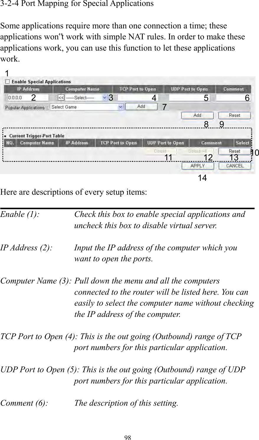  98 3-2-4 Port Mapping for Special Applications  Some applications require more than one connection a time; these applications won‟t work with simple NAT rules. In order to make these applications work, you can use this function to let these applications work.    Here are descriptions of every setup items:  Enable (1):  Check this box to enable special applications and uncheck this box to disable virtual server.  IP Address (2):    Input the IP address of the computer which you want to open the ports.  Computer Name (3): Pull down the menu and all the computers connected to the router will be listed here. You can easily to select the computer name without checking the IP address of the computer.  TCP Port to Open (4): This is the out going (Outbound) range of TCP port numbers for this particular application.  UDP Port to Open (5): This is the out going (Outbound) range of UDP port numbers for this particular application.  Comment (6):    The description of this setting.    1 2 3 4 5 8 9 10 11 12 7 6 13 14 