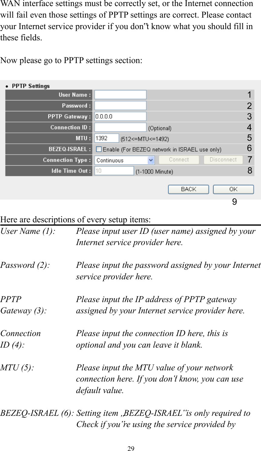  29 WAN interface settings must be correctly set, or the Internet connection will fail even those settings of PPTP settings are correct. Please contact your Internet service provider if you don‟t know what you should fill in these fields.  Now please go to PPTP settings section:    Here are descriptions of every setup items: User Name (1):    Please input user ID (user name) assigned by your Internet service provider here.  Password (2):    Please input the password assigned by your Internet service provider here.  PPTP    Please input the IP address of PPTP gateway Gateway (3):    assigned by your Internet service provider here.  Connection       Please input the connection ID here, this is ID (4):         optional and you can leave it blank.  MTU (5):    Please input the MTU value of your network connection here. If you don‟t know, you can use default value.  BEZEQ-ISRAEL (6): Setting item „BEZEQ-ISRAEL‟ is only required to Check if you‟re using the service provided by 1 2 3 4 5 6 7 9 8 