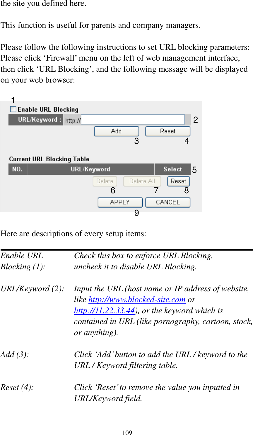  109 the site you defined here.  This function is useful for parents and company managers.  Please follow the following instructions to set URL blocking parameters: Please click „Firewall‟ menu on the left of web management interface, then click „URL Blocking‟, and the following message will be displayed on your web browser:    Here are descriptions of every setup items:  Enable URL      Check this box to enforce URL Blocking, Blocking (1):      uncheck it to disable URL Blocking.  URL/Keyword (2):    Input the URL (host name or IP address of website, like http://www.blocked-site.com or http://11.22.33.44), or the keyword which is contained in URL (like pornography, cartoon, stock, or anything).  Add (3):    Click „Add‟ button to add the URL / keyword to the URL / Keyword filtering table.  Reset (4):    Click „Reset‟ to remove the value you inputted in URL/Keyword field.  2 3 4 5 6 7 8 9 1 