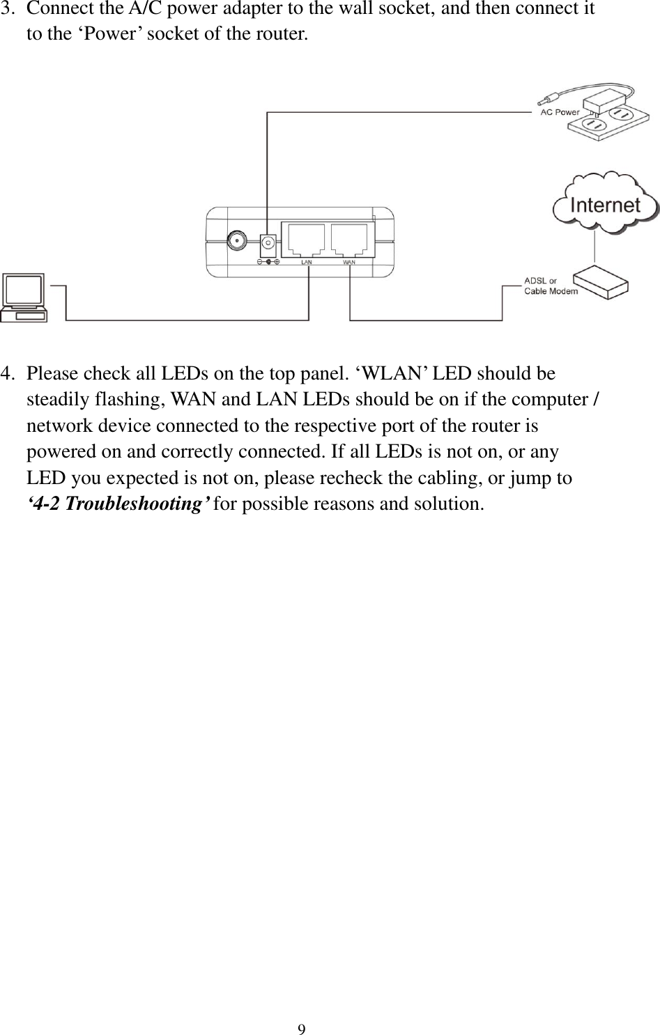  9 3. Connect the A/C power adapter to the wall socket, and then connect it to the „Power‟ socket of the router.    4. Please check all LEDs on the top panel. „WLAN‟ LED should be steadily flashing, WAN and LAN LEDs should be on if the computer / network device connected to the respective port of the router is powered on and correctly connected. If all LEDs is not on, or any LED you expected is not on, please recheck the cabling, or jump to ‘4-2 Troubleshooting’ for possible reasons and solution. 