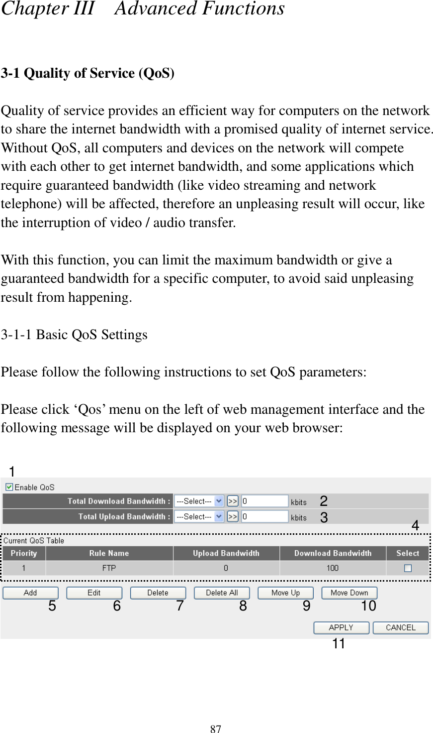  87 Chapter III    Advanced Functions  3-1 Quality of Service (QoS)  Quality of service provides an efficient way for computers on the network to share the internet bandwidth with a promised quality of internet service. Without QoS, all computers and devices on the network will compete with each other to get internet bandwidth, and some applications which require guaranteed bandwidth (like video streaming and network telephone) will be affected, therefore an unpleasing result will occur, like the interruption of video / audio transfer.    With this function, you can limit the maximum bandwidth or give a guaranteed bandwidth for a specific computer, to avoid said unpleasing result from happening.  3-1-1 Basic QoS Settings  Please follow the following instructions to set QoS parameters:  Please click „Qos‟ menu on the left of web management interface and the following message will be displayed on your web browser:       1 2 3 4 5 6 7 8 9 10 11 