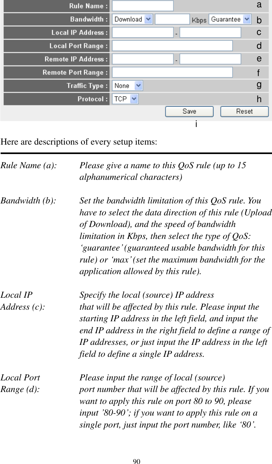  90   Here are descriptions of every setup items:  Rule Name (a):    Please give a name to this QoS rule (up to 15 alphanumerical characters)  Bandwidth (b):    Set the bandwidth limitation of this QoS rule. You have to select the data direction of this rule (Upload of Download), and the speed of bandwidth limitation in Kbps, then select the type of QoS: „guarantee‟ (guaranteed usable bandwidth for this rule) or „max‟ (set the maximum bandwidth for the application allowed by this rule).  Local IP        Specify the local (source) IP address Address (c):     that will be affected by this rule. Please input the starting IP address in the left field, and input the end IP address in the right field to define a range of IP addresses, or just input the IP address in the left field to define a single IP address.  Local Port       Please input the range of local (source) Range (d):    port number that will be affected by this rule. If you want to apply this rule on port 80 to 90, please input ‟80-90‟; if you want to apply this rule on a single port, just input the port number, like „80‟.  a b c d e f g h i 