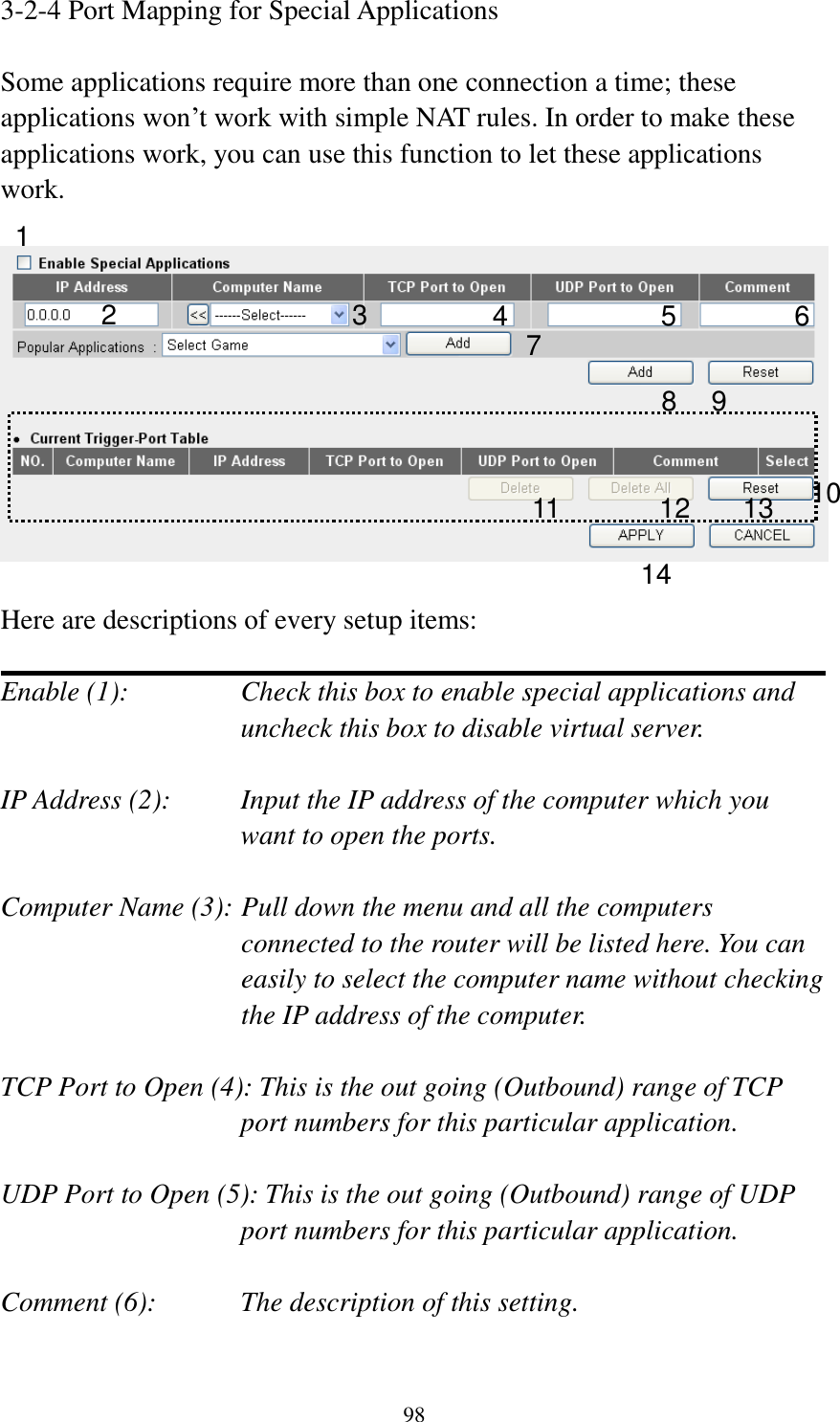 98 3-2-4 Port Mapping for Special Applications  Some applications require more than one connection a time; these applications won’t work with simple NAT rules. In order to make these applications work, you can use this function to let these applications work.    Here are descriptions of every setup items:  Enable (1):  Check this box to enable special applications and uncheck this box to disable virtual server.  IP Address (2):    Input the IP address of the computer which you want to open the ports.  Computer Name (3): Pull down the menu and all the computers connected to the router will be listed here. You can easily to select the computer name without checking the IP address of the computer.  TCP Port to Open (4): This is the out going (Outbound) range of TCP port numbers for this particular application.  UDP Port to Open (5): This is the out going (Outbound) range of UDP port numbers for this particular application.  Comment (6):    The description of this setting.    1 2 3 4 5 8 9 10 11 12 7 6 13 14 