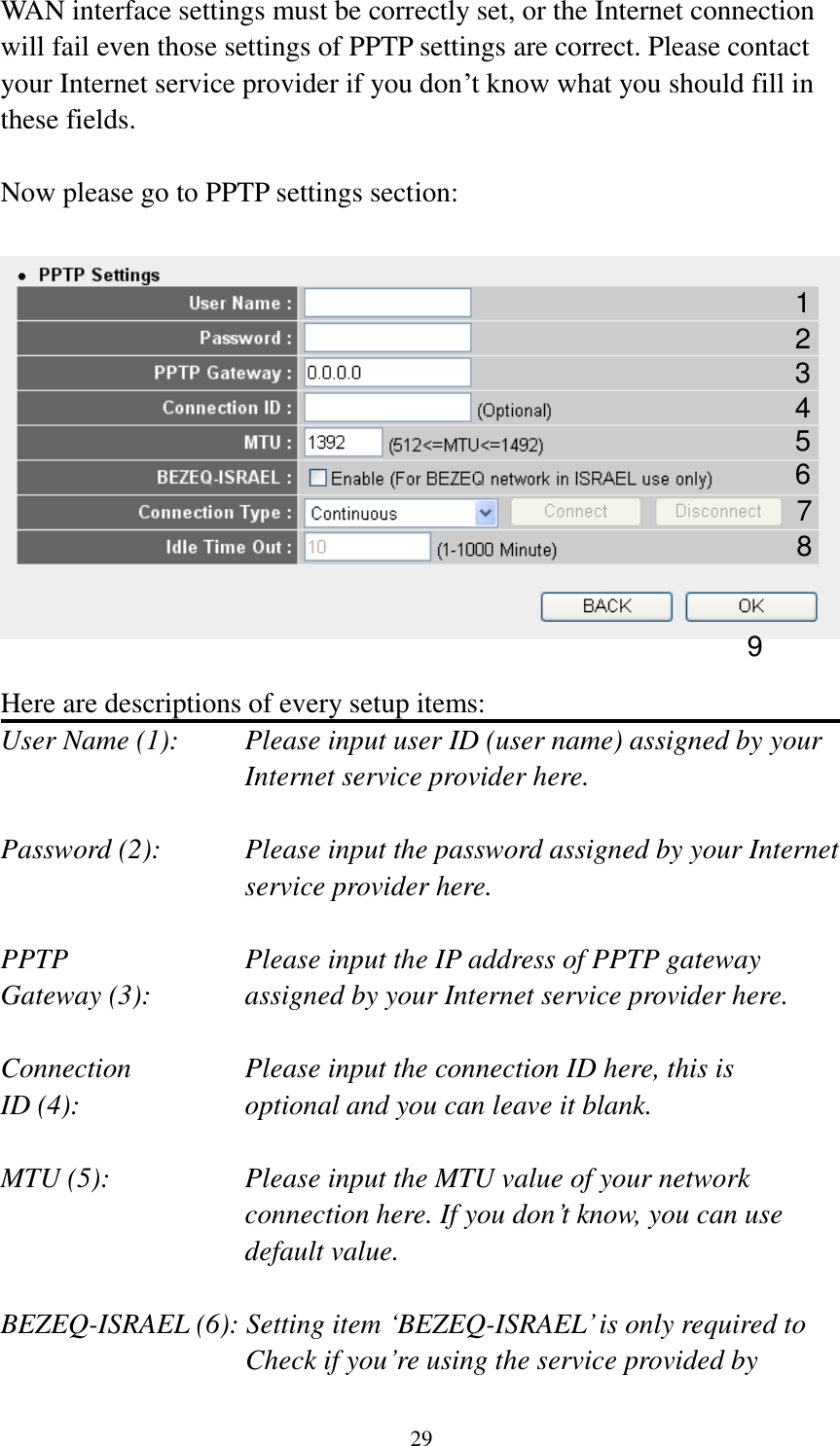 29 WAN interface settings must be correctly set, or the Internet connection will fail even those settings of PPTP settings are correct. Please contact your Internet service provider if you don’t know what you should fill in these fields.  Now please go to PPTP settings section:    Here are descriptions of every setup items: User Name (1):    Please input user ID (user name) assigned by your Internet service provider here.  Password (2):    Please input the password assigned by your Internet service provider here.  PPTP    Please input the IP address of PPTP gateway Gateway (3):    assigned by your Internet service provider here.  Connection       Please input the connection ID here, this is ID (4):         optional and you can leave it blank.  MTU (5):    Please input the MTU value of your network connection here. If you don’t know, you can use default value.  BEZEQ-ISRAEL (6): Setting item ‘BEZEQ-ISRAEL’ is only required to Check if you’re using the service provided by 1 2 3 4 5 6 7 9 8 