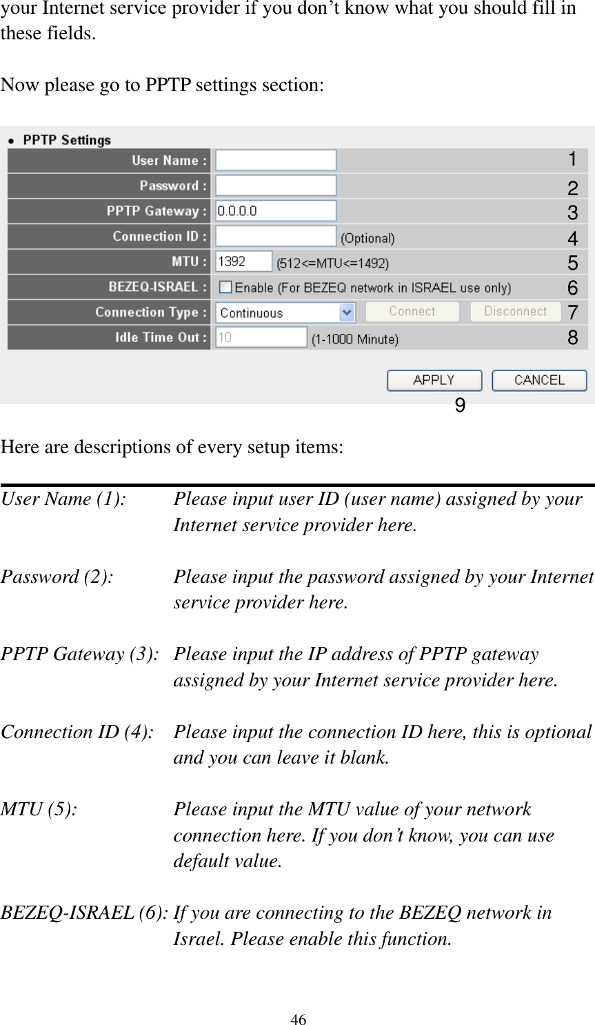 46 your Internet service provider if you don’t know what you should fill in these fields.  Now please go to PPTP settings section:    Here are descriptions of every setup items:  User Name (1):    Please input user ID (user name) assigned by your Internet service provider here.  Password (2):    Please input the password assigned by your Internet service provider here.  PPTP Gateway (3):   Please input the IP address of PPTP gateway assigned by your Internet service provider here.  Connection ID (4):    Please input the connection ID here, this is optional and you can leave it blank.  MTU (5):    Please input the MTU value of your network connection here. If you don’t know, you can use default value.  BEZEQ-ISRAEL (6): If you are connecting to the BEZEQ network in Israel. Please enable this function.  1 2 3 4 5 7 8 9 6 