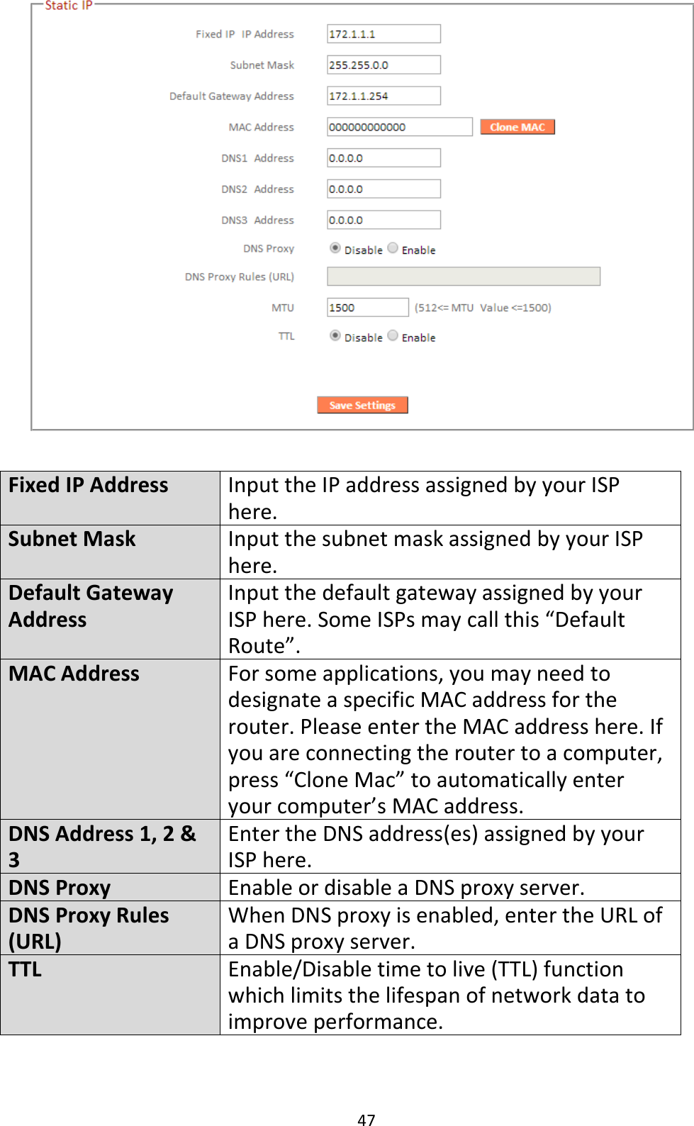 47   Fixed IP Address Input the IP address assigned by your ISP here. Subnet Mask Input the subnet mask assigned by your ISP here. Default Gateway Address Input the default gateway assigned by your ISP here. Some ISPs may call this “Default Route”. MAC Address For some applications, you may need to designate a specific MAC address for the router. Please enter the MAC address here. If you are connecting the router to a computer, press “Clone Mac” to automatically enter your computer’s MAC address. DNS Address 1, 2 &amp; 3 Enter the DNS address(es) assigned by your ISP here. DNS Proxy Enable or disable a DNS proxy server. DNS Proxy Rules (URL) When DNS proxy is enabled, enter the URL of a DNS proxy server. TTL Enable/Disable time to live (TTL) function which limits the lifespan of network data to improve performance.  