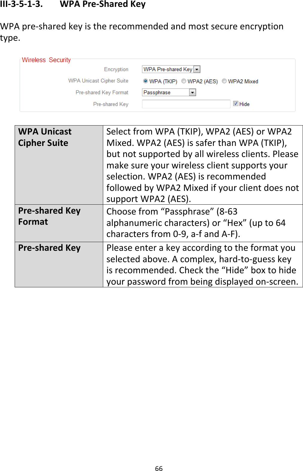 66 III-3-5-1-3.    WPA Pre-Shared Key  WPA pre-shared key is the recommended and most secure encryption type.    WPA Unicast Cipher Suite Select from WPA (TKIP), WPA2 (AES) or WPA2 Mixed. WPA2 (AES) is safer than WPA (TKIP), but not supported by all wireless clients. Please make sure your wireless client supports your selection. WPA2 (AES) is recommended followed by WPA2 Mixed if your client does not support WPA2 (AES). Pre-shared Key Format Choose from “Passphrase” (8-63 alphanumeric characters) or “Hex” (up to 64 characters from 0-9, a-f and A-F).   Pre-shared Key Please enter a key according to the format you selected above. A complex, hard-to-guess key is recommended. Check the “Hide” box to hide your password from being displayed on-screen.  