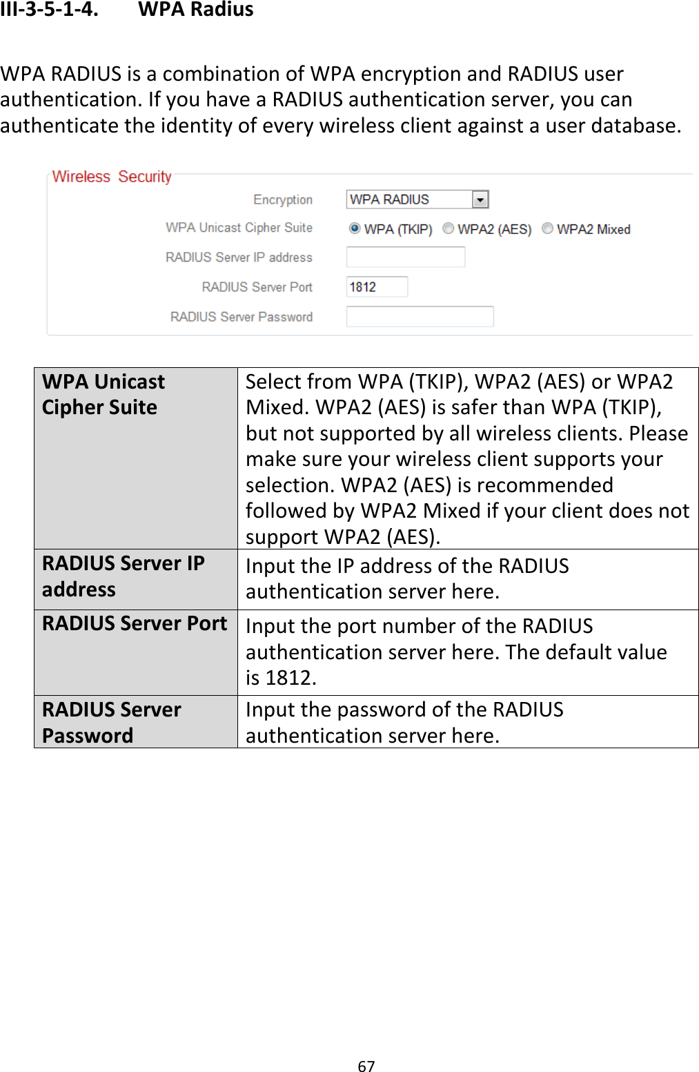 67 III-3-5-1-4.    WPA Radius  WPA RADIUS is a combination of WPA encryption and RADIUS user authentication. If you have a RADIUS authentication server, you can authenticate the identity of every wireless client against a user database.    WPA Unicast Cipher Suite Select from WPA (TKIP), WPA2 (AES) or WPA2 Mixed. WPA2 (AES) is safer than WPA (TKIP), but not supported by all wireless clients. Please make sure your wireless client supports your selection. WPA2 (AES) is recommended followed by WPA2 Mixed if your client does not support WPA2 (AES). RADIUS Server IP address Input the IP address of the RADIUS authentication server here. RADIUS Server Port Input the port number of the RADIUS authentication server here. The default value is 1812. RADIUS Server Password Input the password of the RADIUS authentication server here.  
